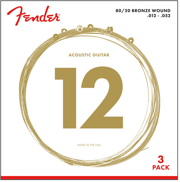 Fender 80/20 Bronze Acoustic Guitar Strings, Ball End - Light .012-.052 - 3 Pack w/ Picks