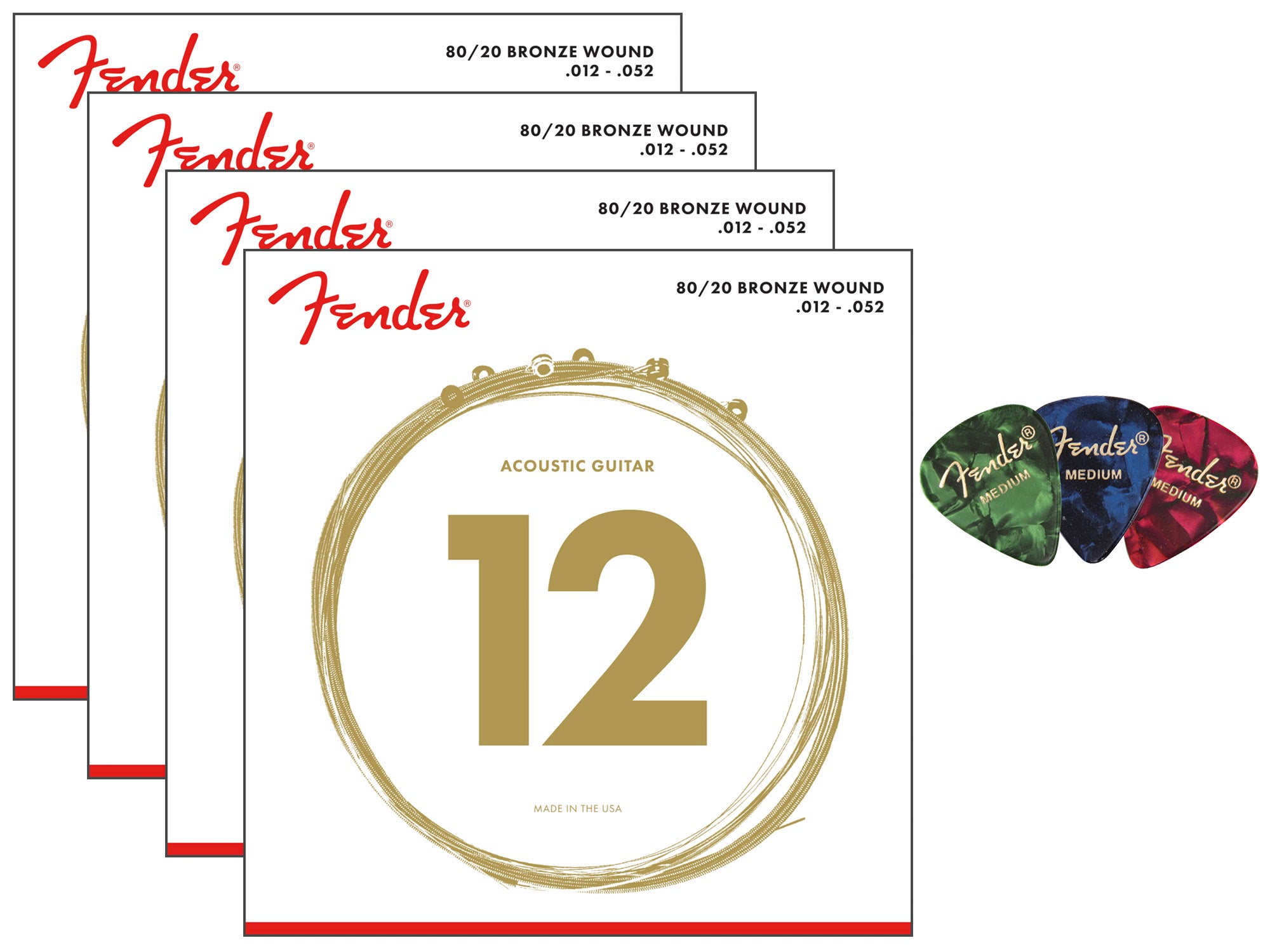 Fender 80/20 Bronze Acoustic Guitar Strings, Ball End, Light, .012-.052 - 4 Pack with Picks
