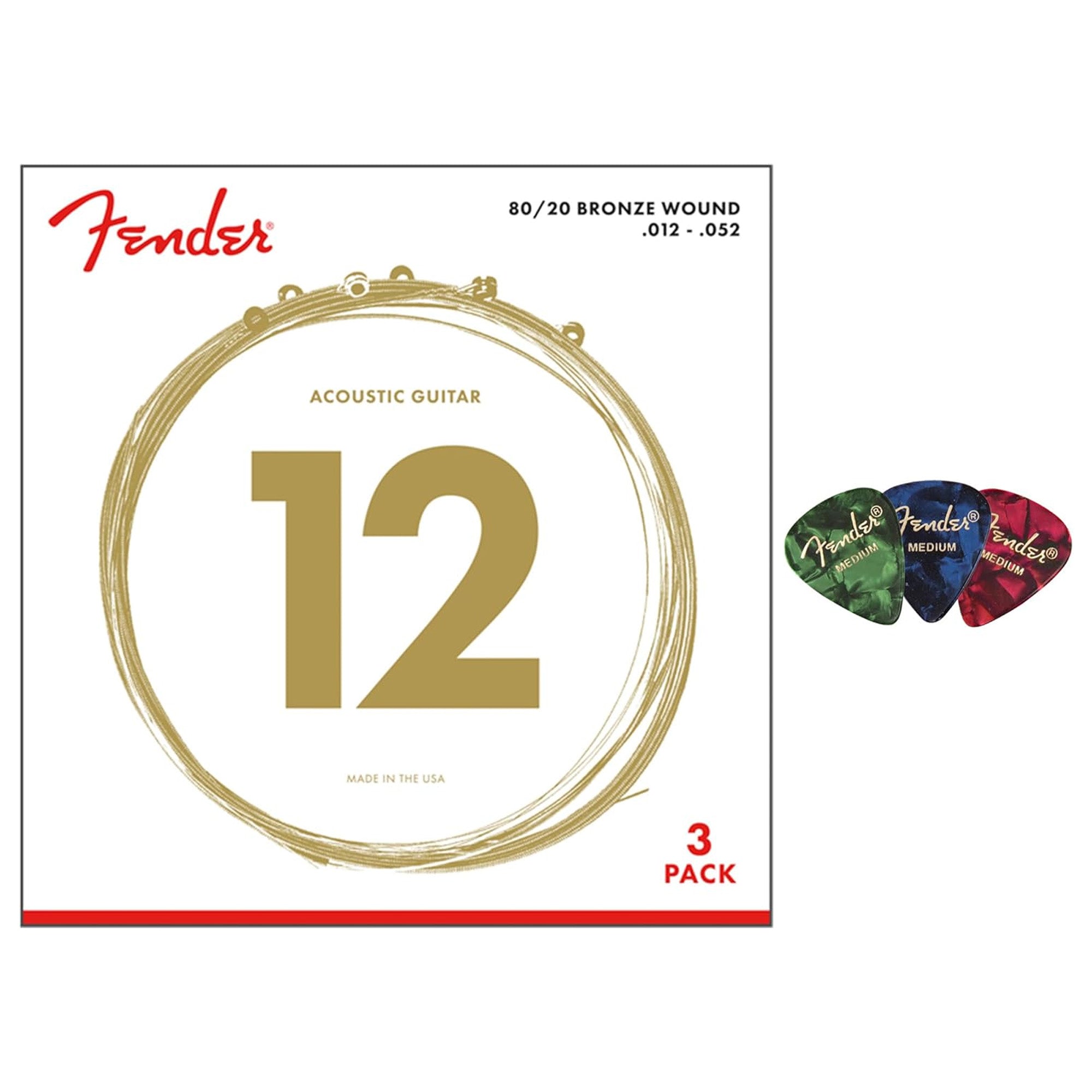 Fender 80/20 Bronze Acoustic Strings, Ball End, Custom Light, .011-.052 - 3 Pack w/ Picks