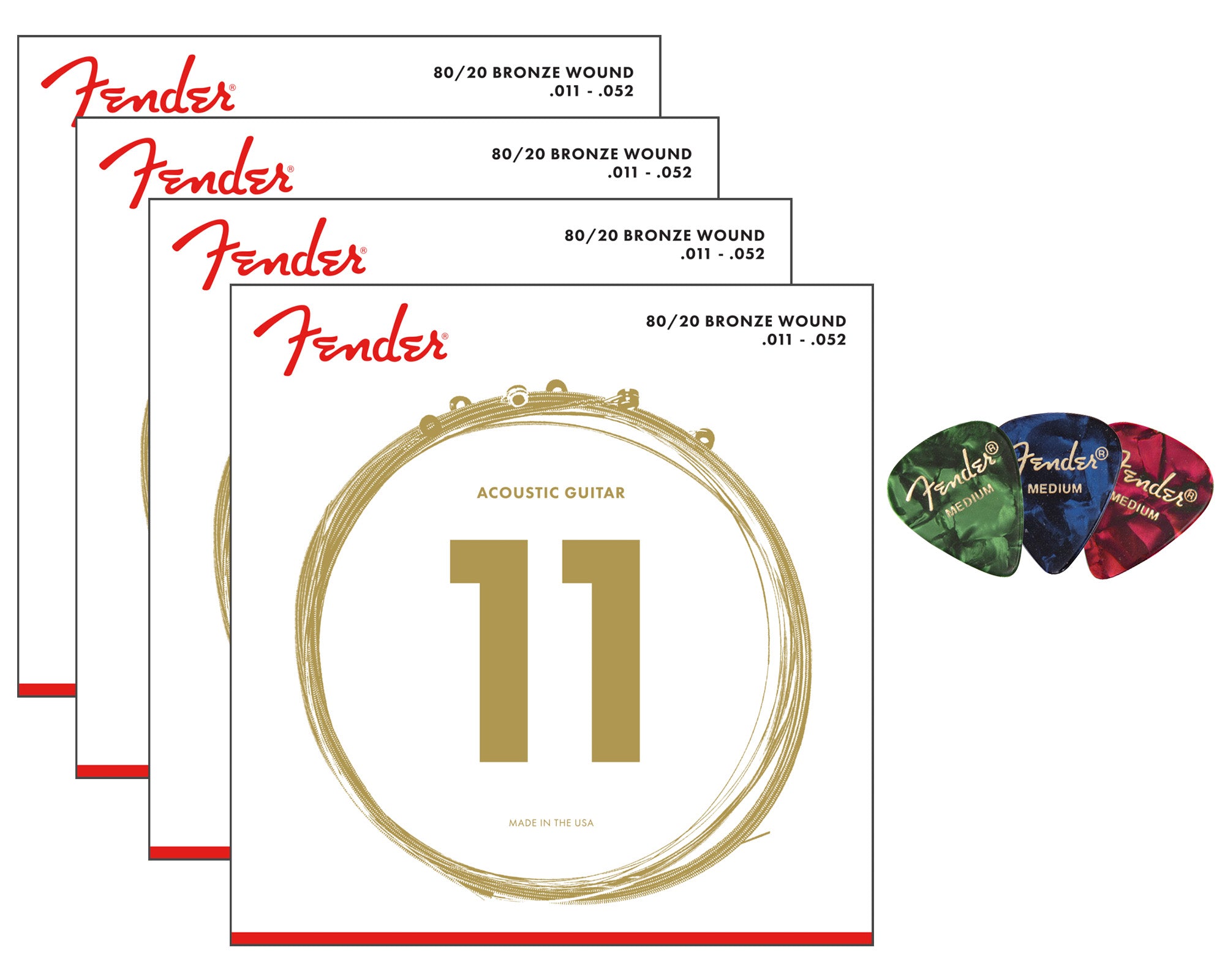 Fender 80/20 Bronze Acoustic Strings, Ball End, Custom Light, .011-.052 - 4 Pack w/ Picks