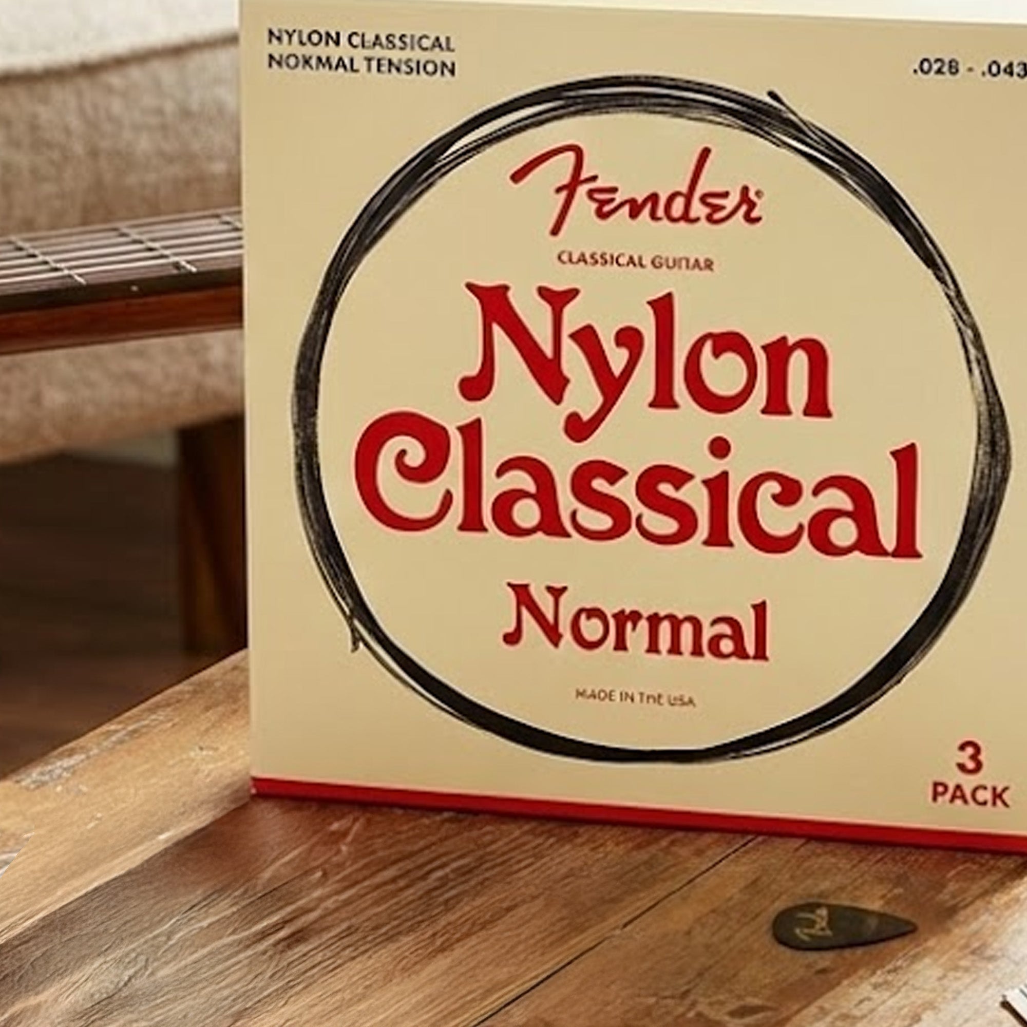 Fender Nylon Classical Guitar Strings, Normal Tension, .028-.043, Tie End - 3 Pack w/ Picks