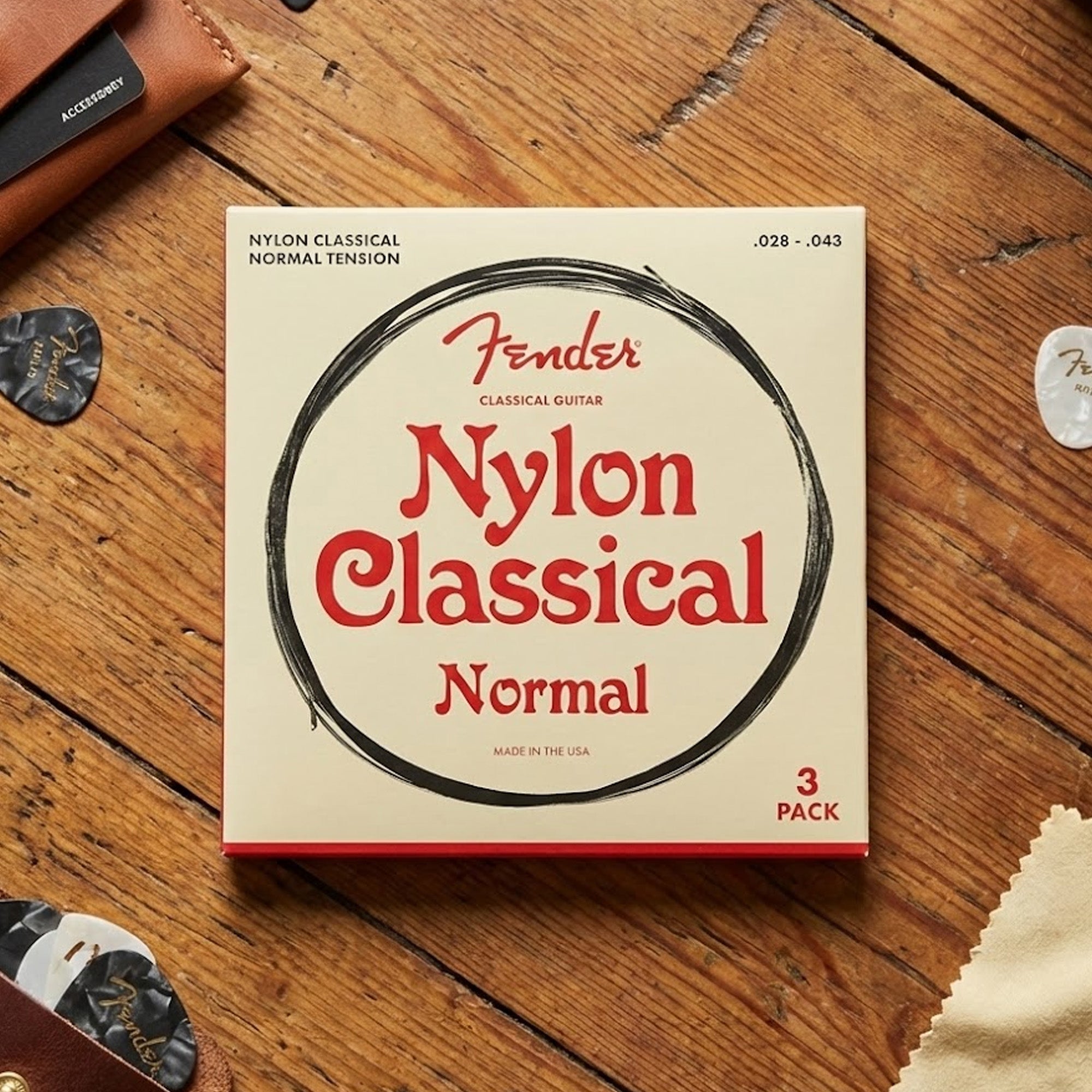 Fender Nylon Classical Guitar Strings, Normal Tension, .028-.043, Tie End - 3 Pack w/ Picks