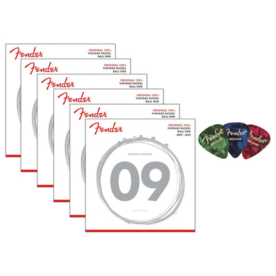 Fender Original 150's Pure Nickel Electric Guitar Strings, Ball End, .009-.042, Light - 6 Pack w/ Picks