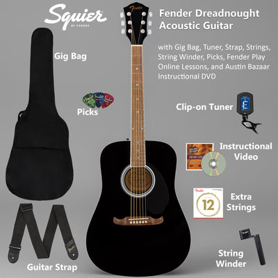 Fender FA-125 Dreadnought Acoustic Guitar - Black w/ Gig Bag