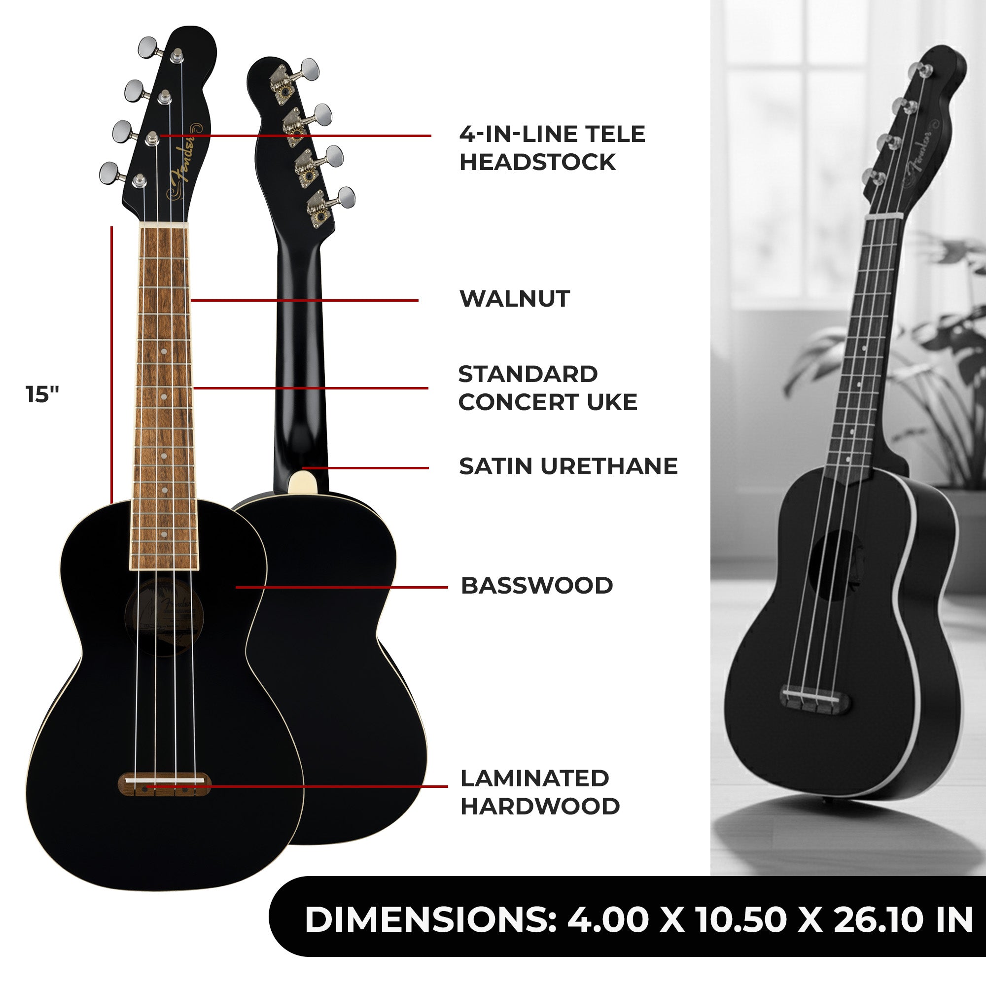 Fender Monterey Concert Ukulele - Black