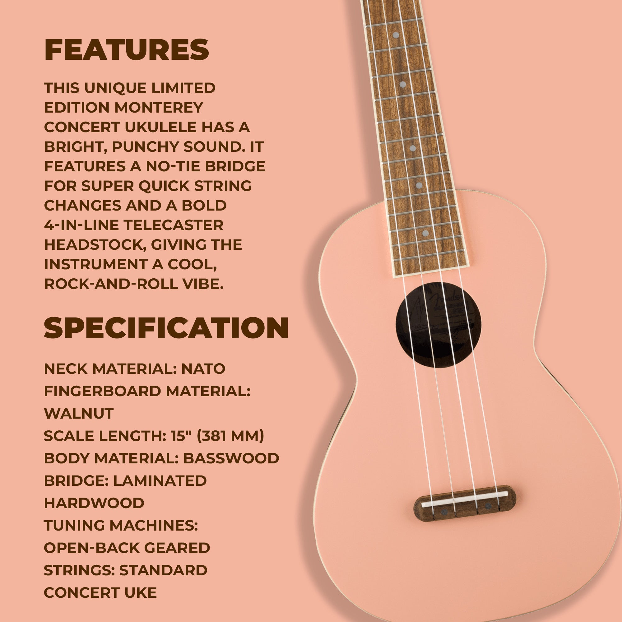 Fender Monterey Concert Ukulele - Shell Pink