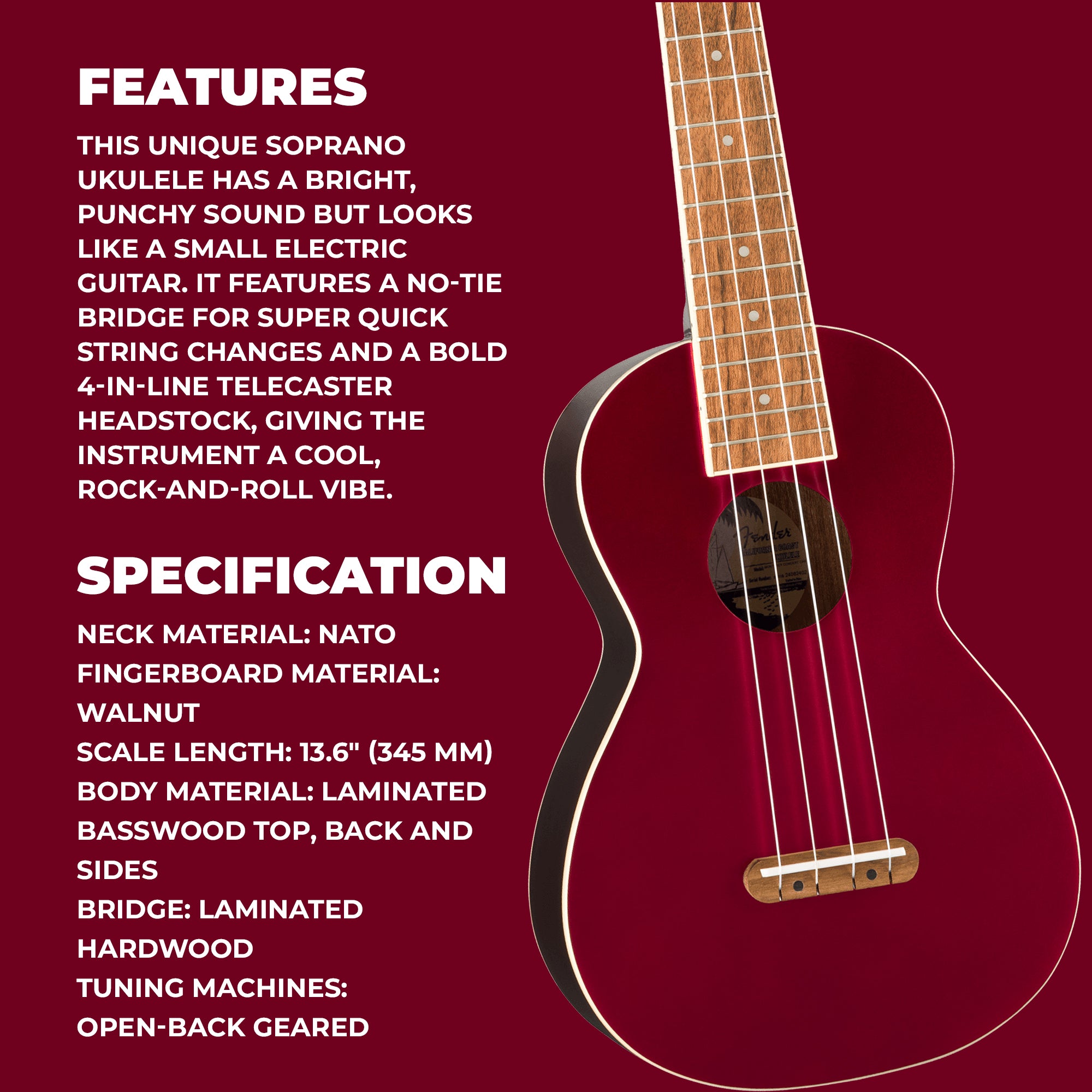 Fender Monterey Concert Ukulele - Cherry