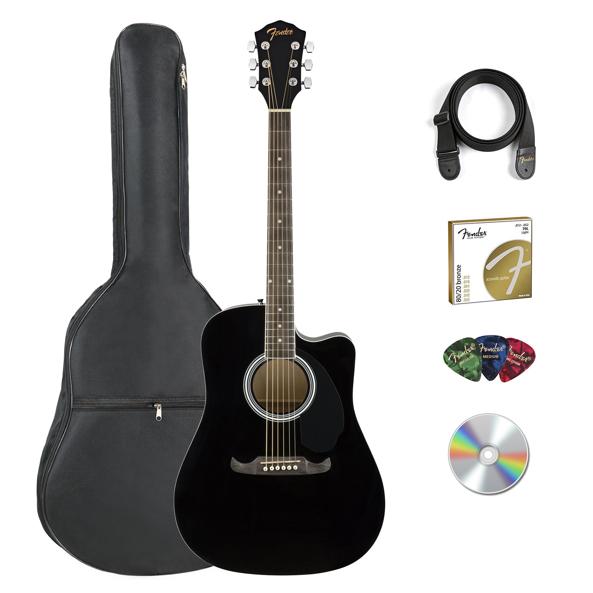 Fender FA-125CE Dreadnought Cutaway Acoustic-Electric Guitar - Black w/ Gig Bag