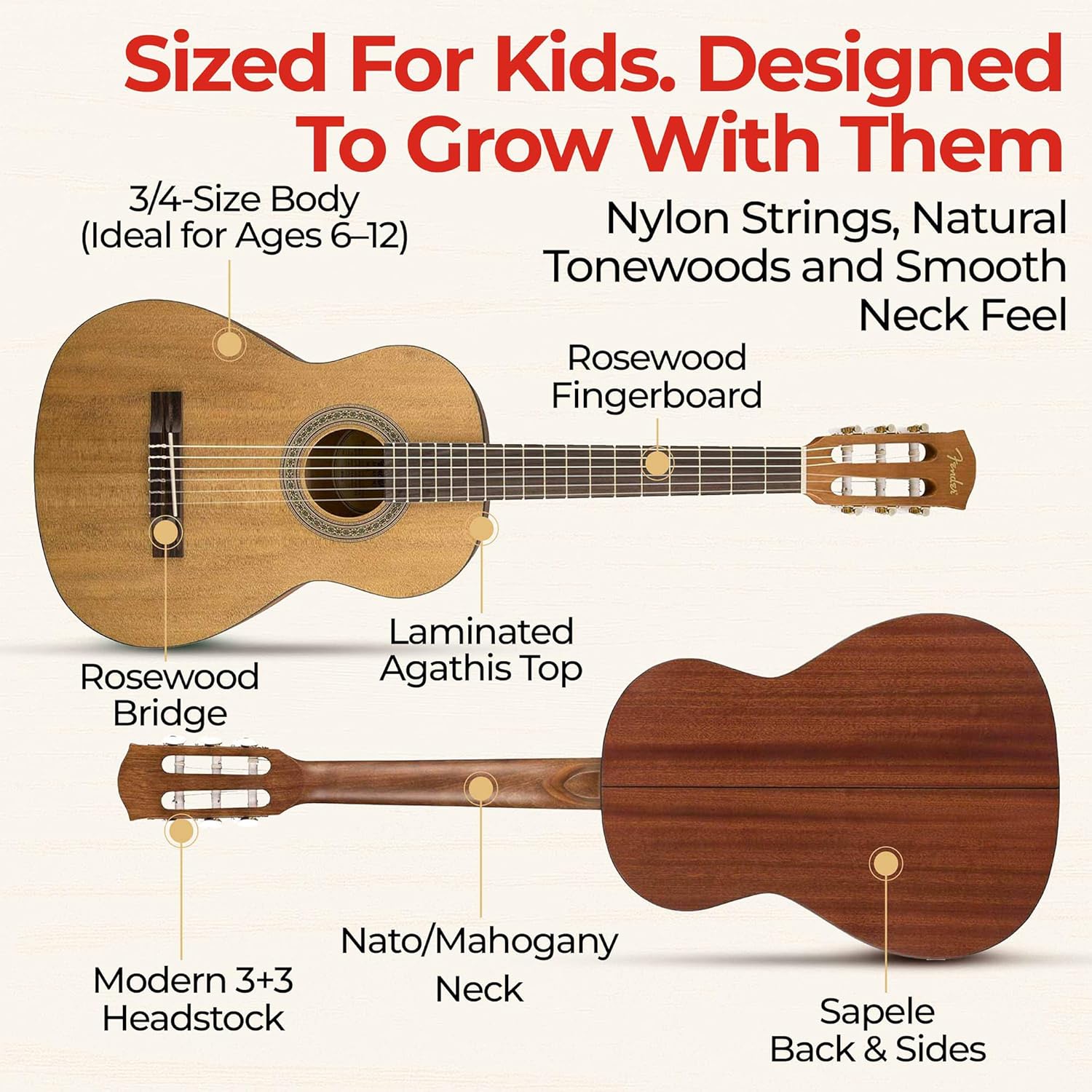 Fender FA-15N 3/4-Size Kids Classical Guitar - Natural w/ Gig Bag