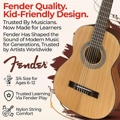 Fender FA-15N 3/4-Size Kids Classical Guitar - Natural w/ Gig Bag
