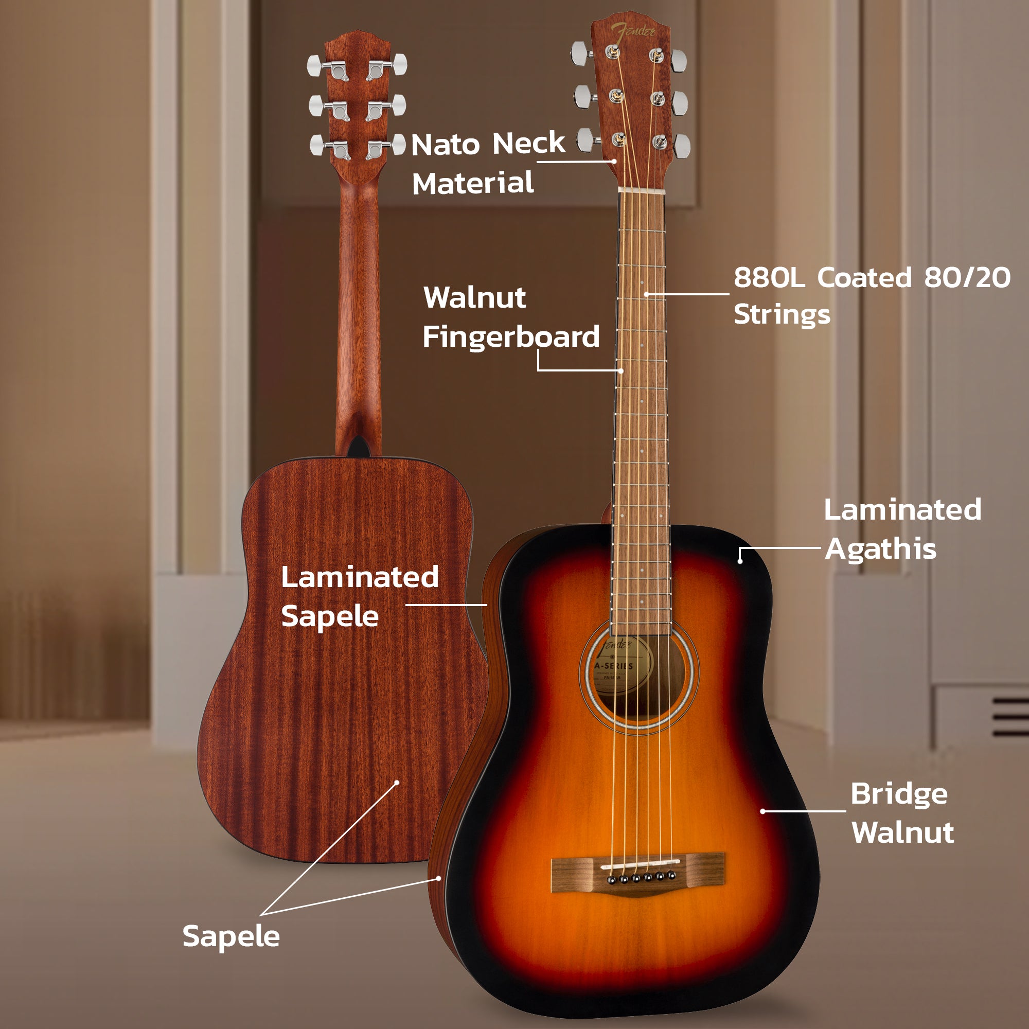 Fender FA-15 3/4-Scale Kids Steel String Acoustic Guitar - Sunburst w/ Gig Bag