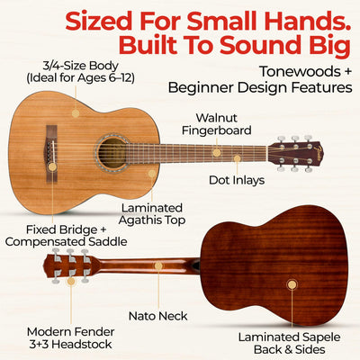 Fender FA-15 3/4-Scale Kids Steel String Acoustic Guitar - Natural w/ Gig Bag