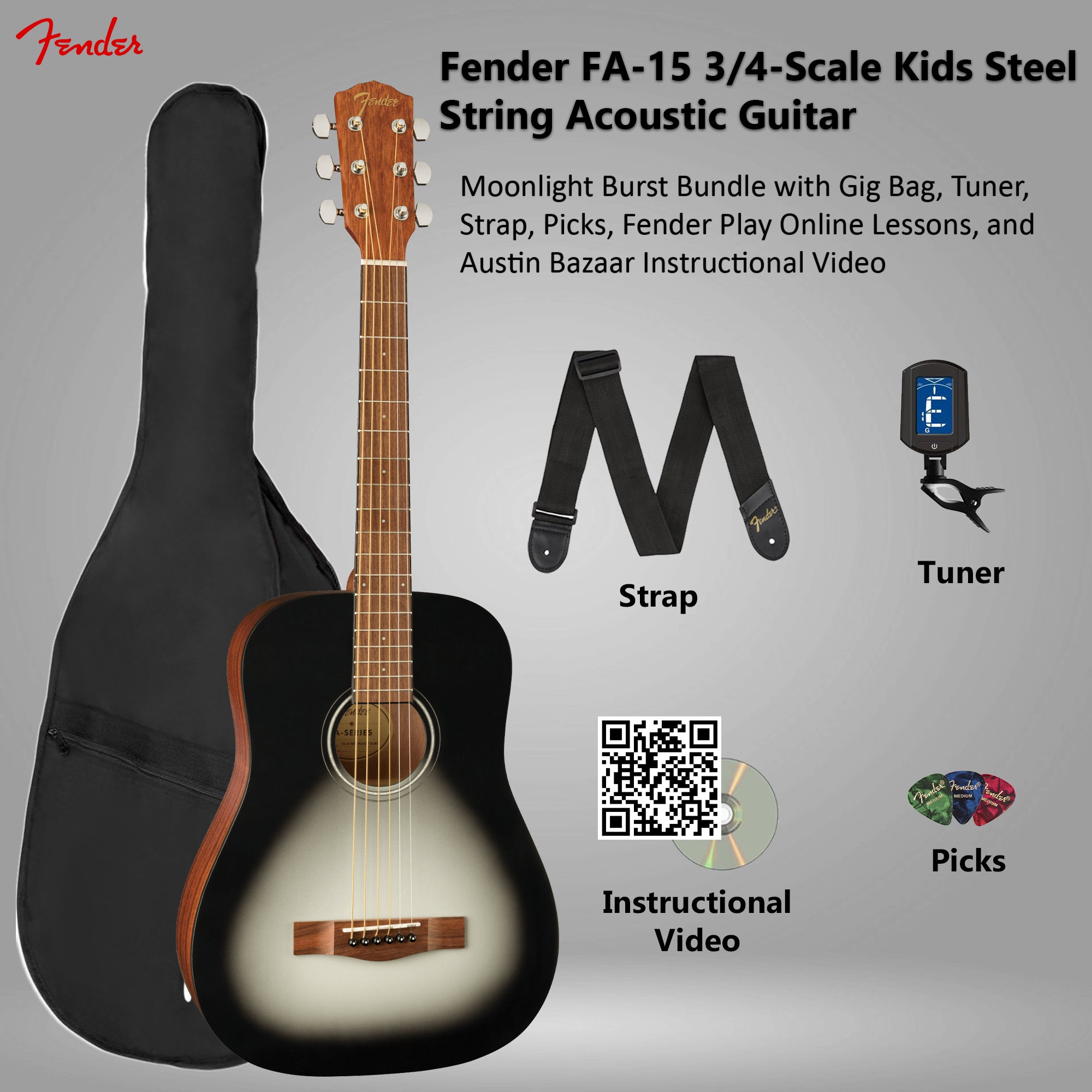 Fender FA-15 3/4-Scale Kids Steel String Acoustic Guitar