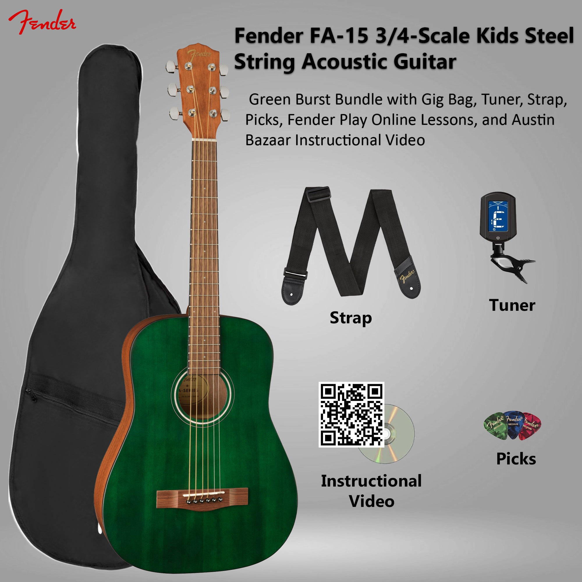 Fender FA-15 3/4-Scale Kids Steel String Acoustic Guitar - Green w/ Gig Bag