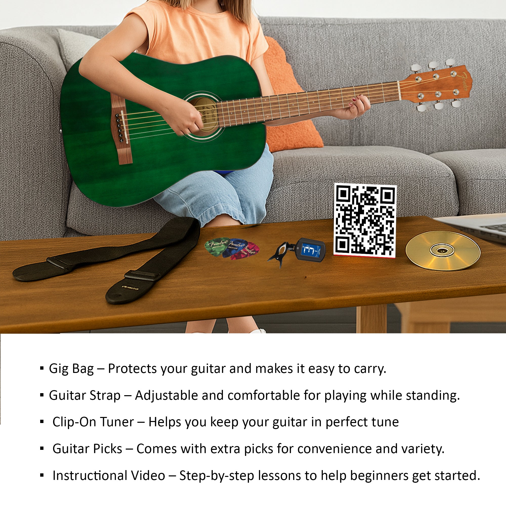 Fender FA-15 3/4-Scale Kids Steel String Acoustic Guitar - Green w/ Gig Bag