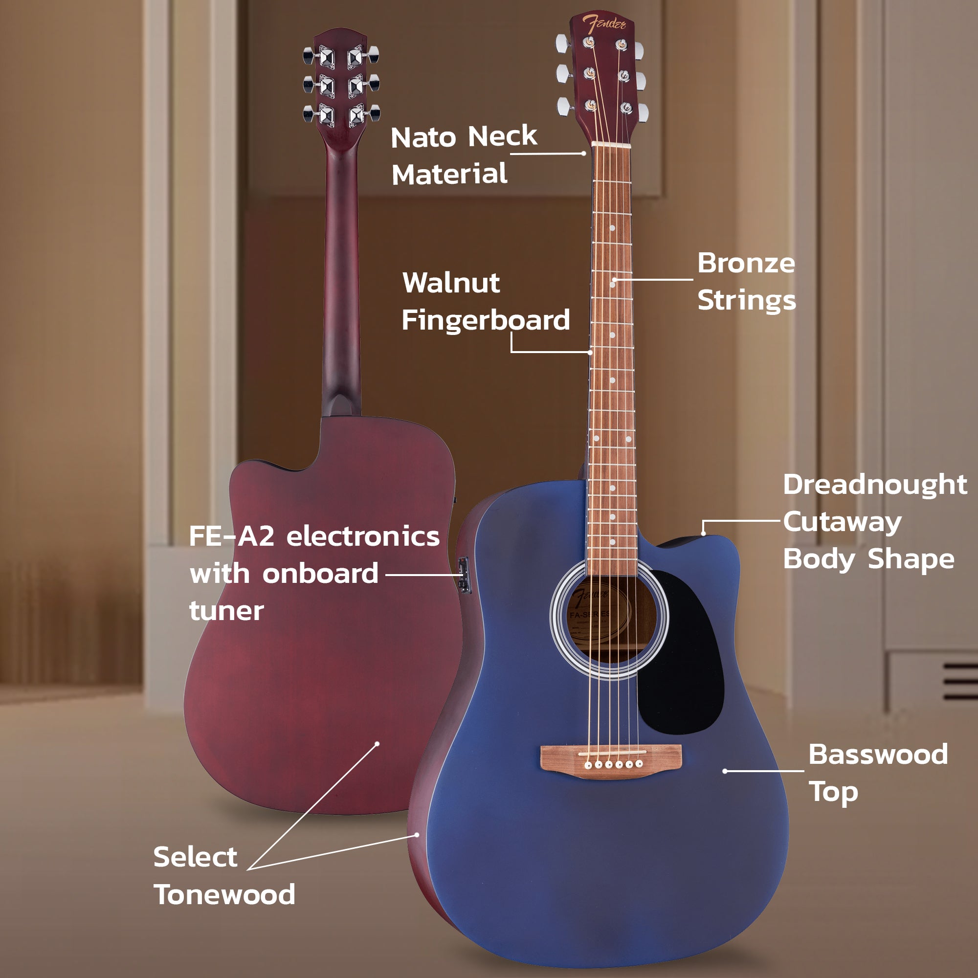 Fender FA Series Dreadnought Acoustic-Electric Guitar - Saphire Blue w/ Gig Bag