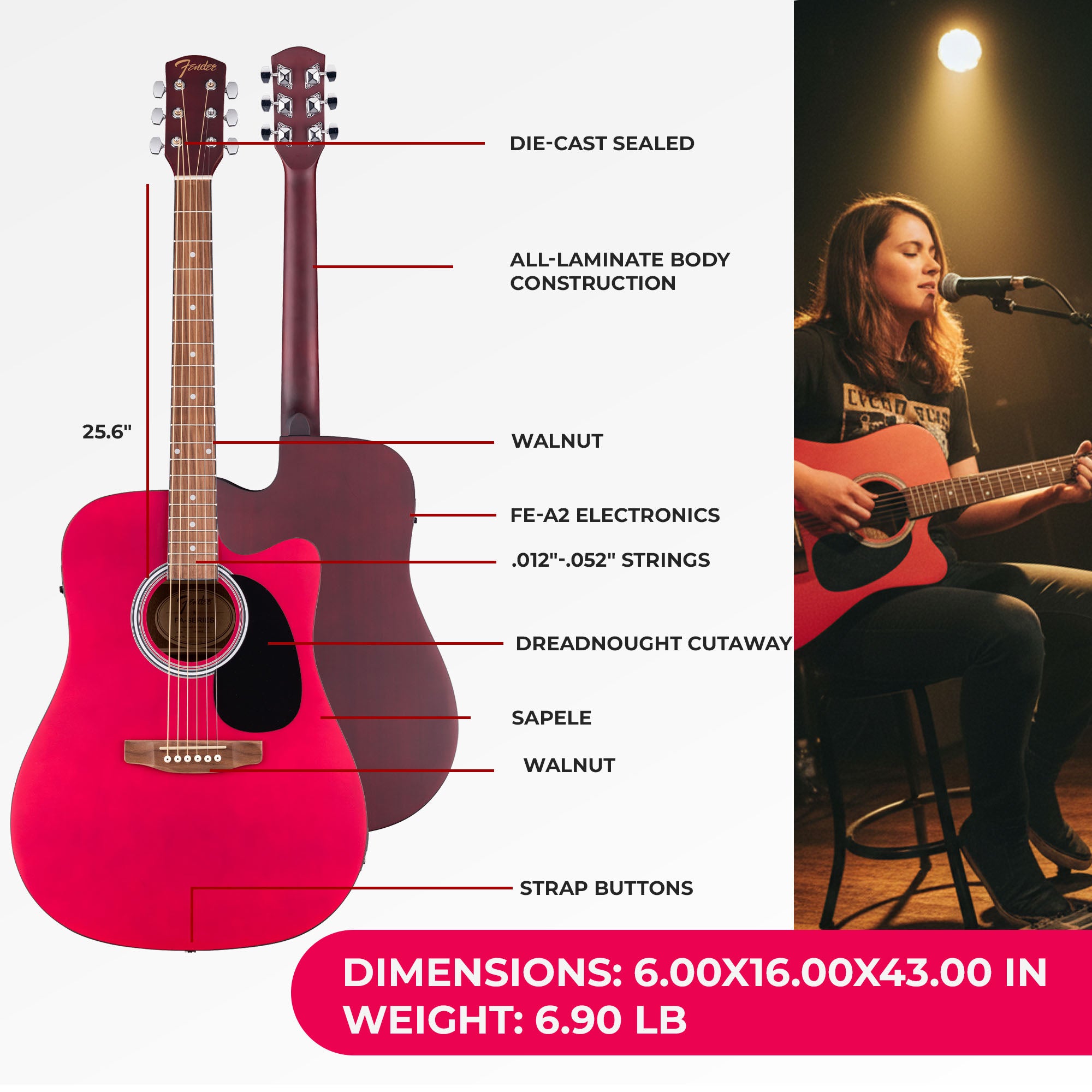 Fender FA Series Dreadnought Acoustic-Electric Guitar - Crimson Red