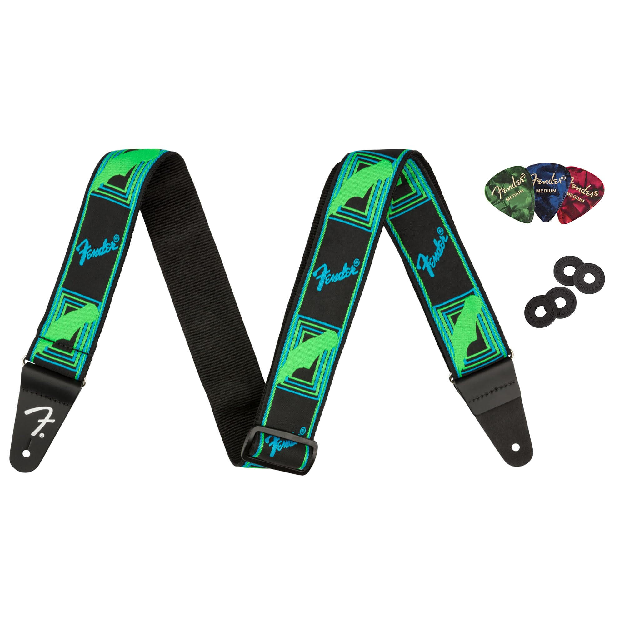 Fender Neon Monogrammed 2-Inch Guitar Strap - Blue and Green w/ Strap Blocks