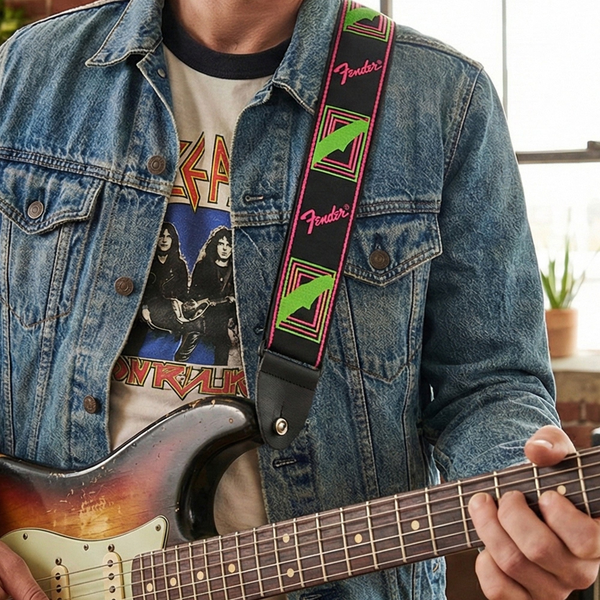 Fender Neon Monogrammed 2-Inch Guitar Strap - Pink and Yellow w/ Strap Blocks