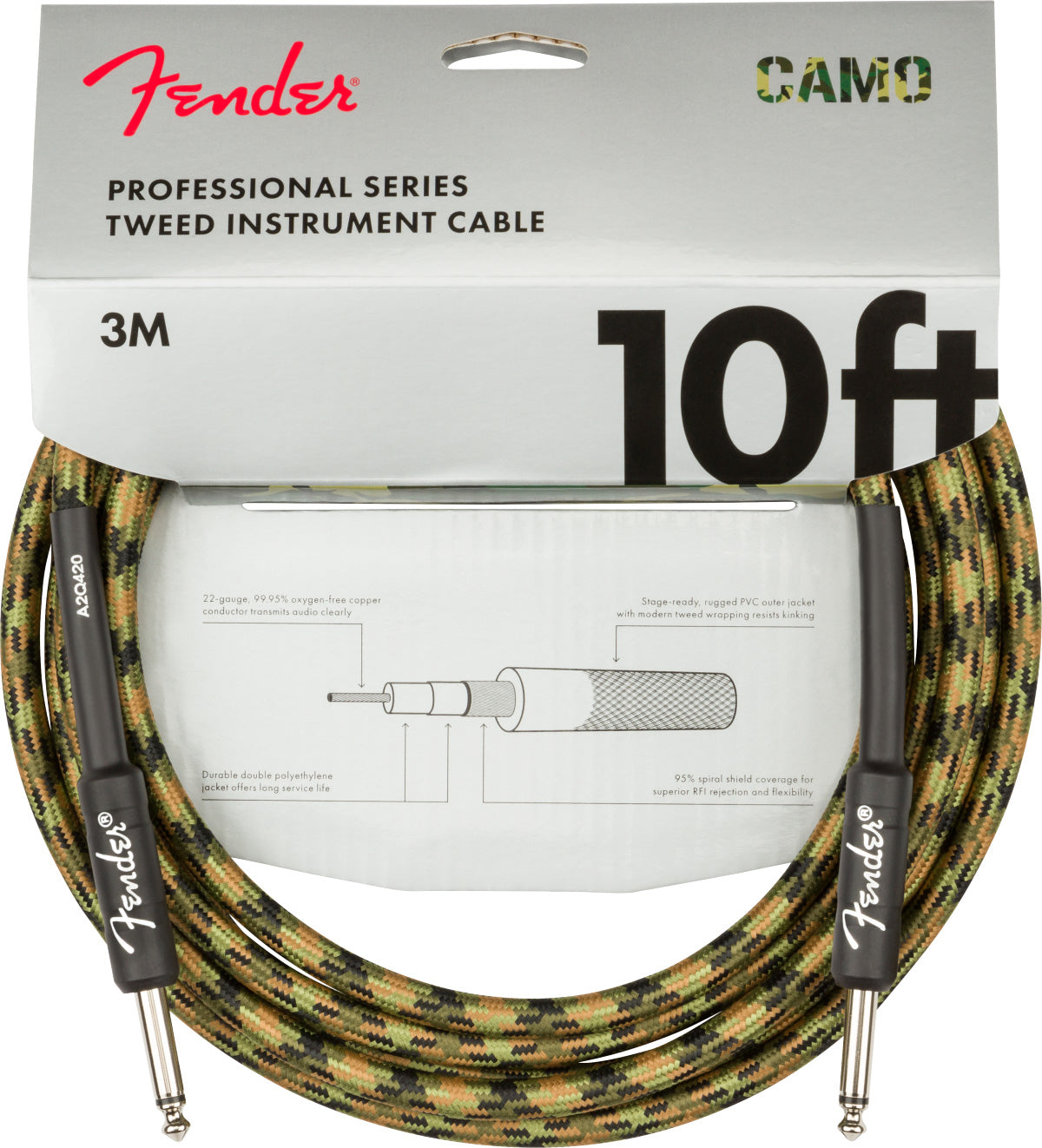 Fender 10-Foot Professional Tweed Instrument Cable, Straight-Straight, Woodland Camo - 2 Pack