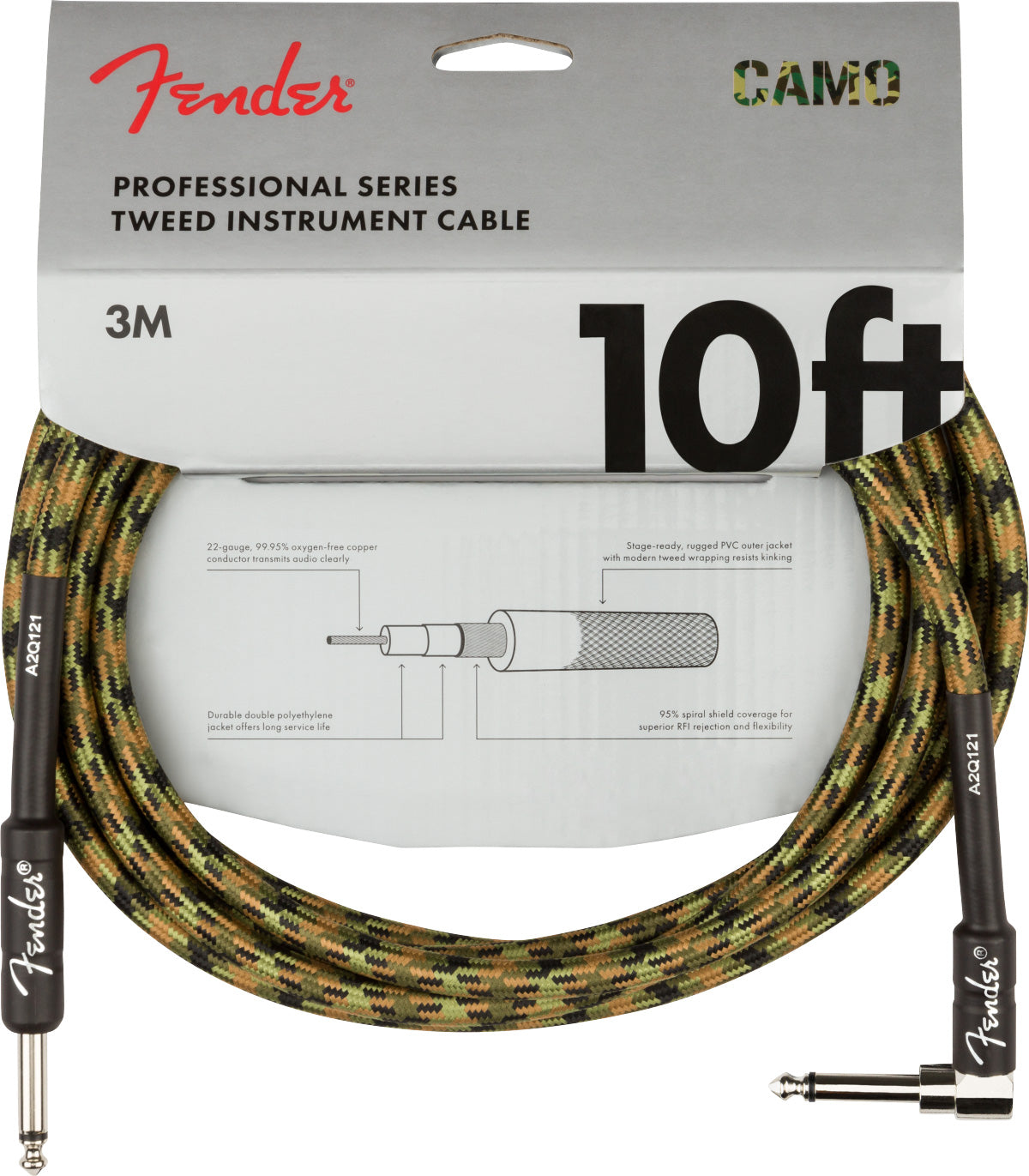 Fender 10-Foot Professional Instrument Cable, Straight-Angled, Woodland Camo - 2 Pack