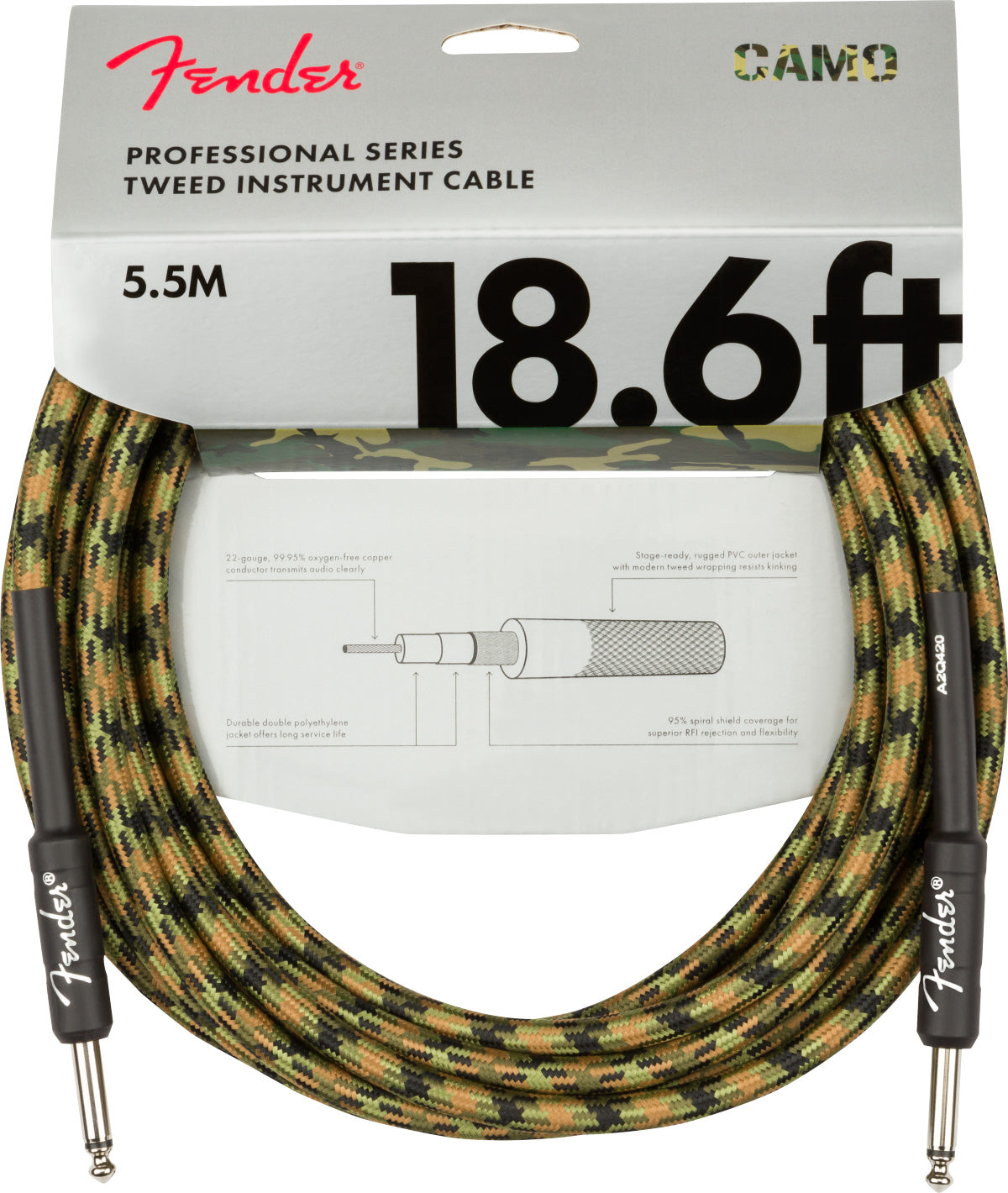 Fender 18.6-Foot Professional Tweed Instrument Cable, Straight-Straight, Woodland Camo - 2 Pack