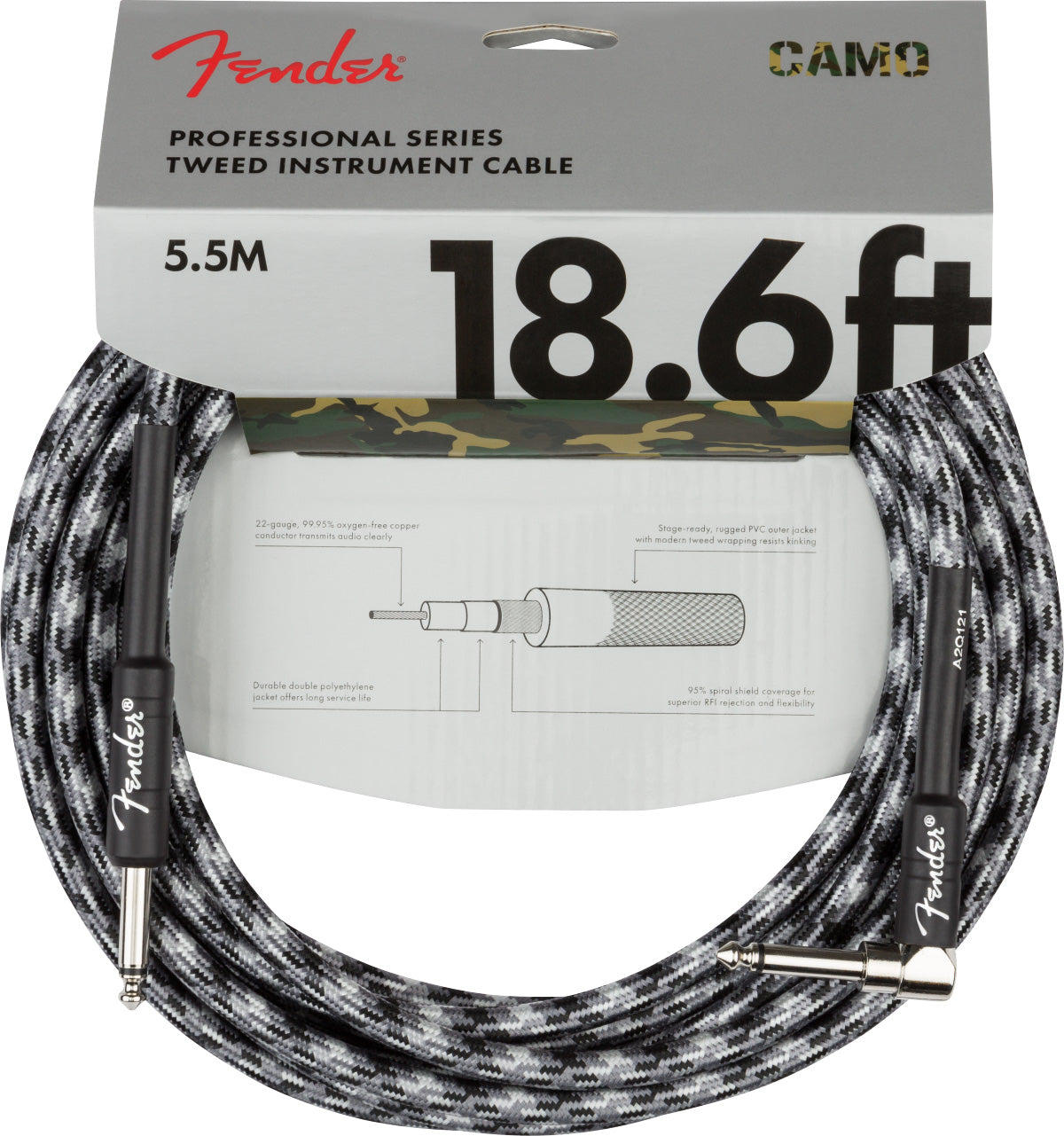 Fender 18.6-Foot Professional Instrument Cable, Straight-Angled, Winter Camo - 2 Pack