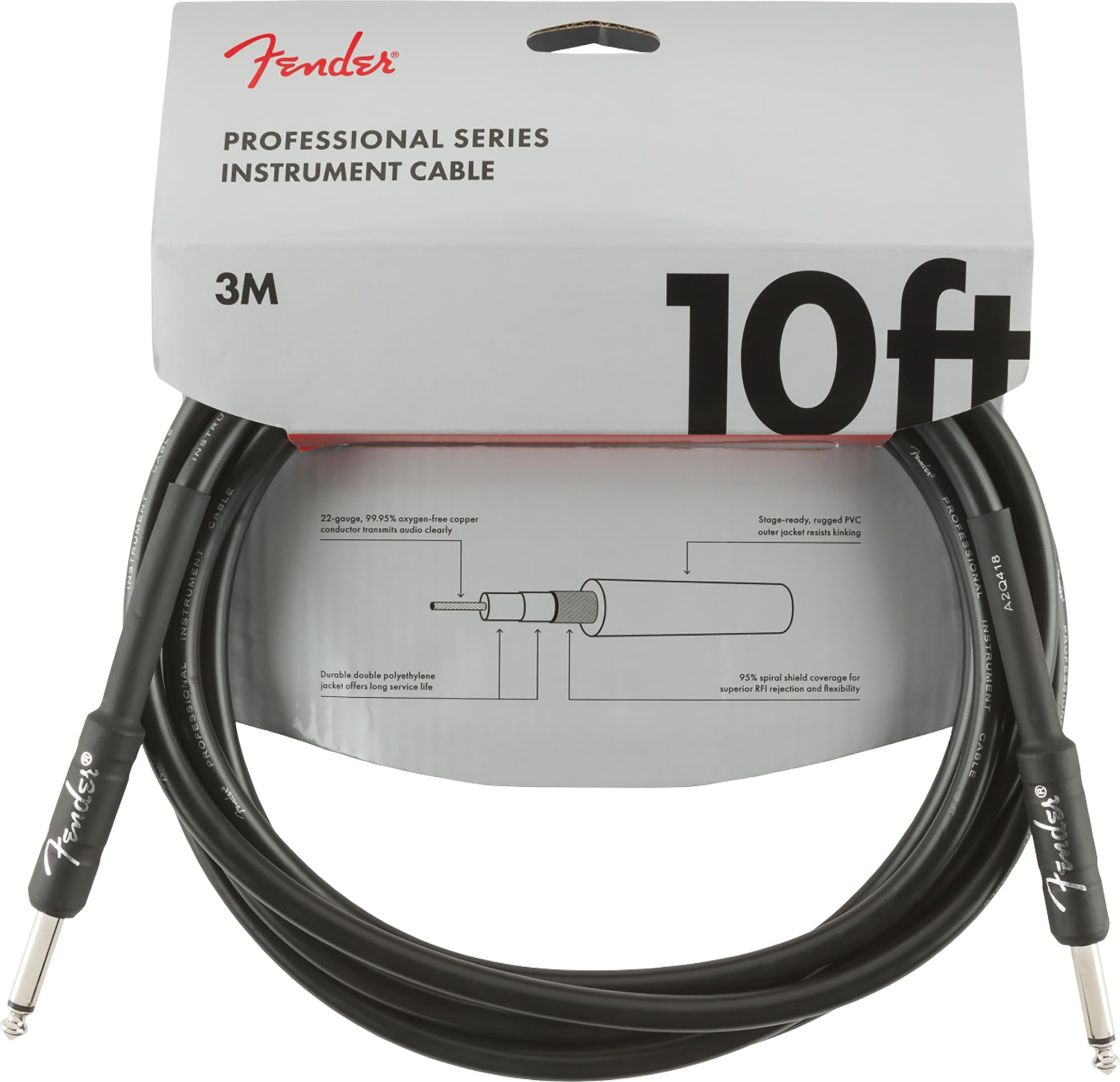 Fender Professional Series 10-Foot Instrument Cable, Straight-Straight, Black - 2 Pack