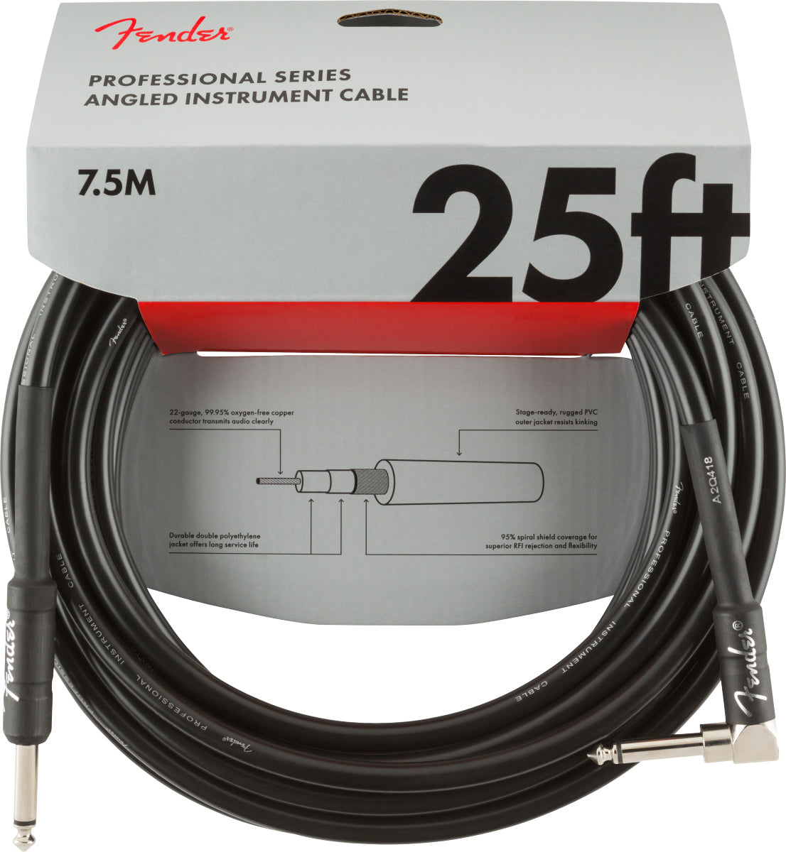 Fender 25-Foot Professional Instrument Cable, Straight-Angled, Black - 2 Pack