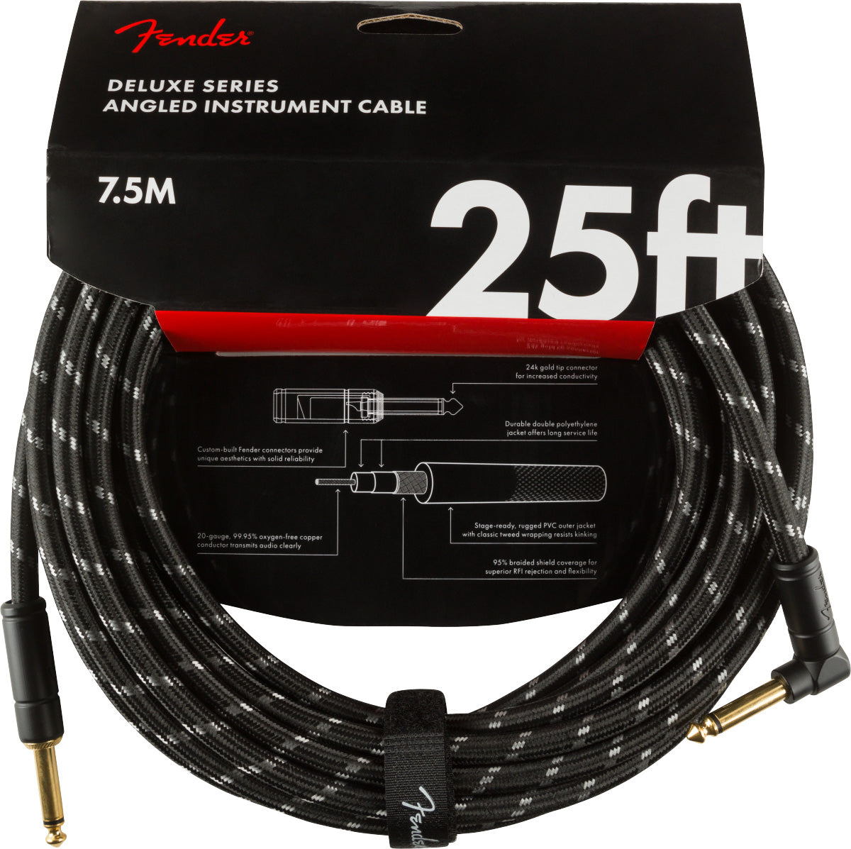 Fender 25-Foot Deluxe Instrument Cable, Straight-Angled, Black Tweed - 2 Pack