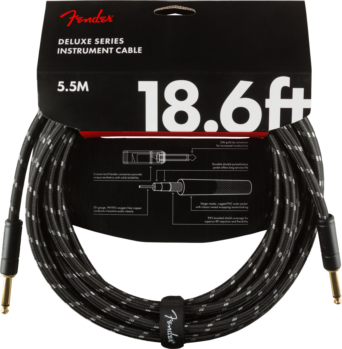 Fender 18.6-Foot Deluxe Instrument Cable, Straight-Straight, Black Tweed - 2 Pack
