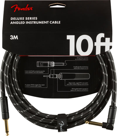 Fender 10-Foot Deluxe Instrument Cable, Straight-Angled, Black Tweed - 2 Pack