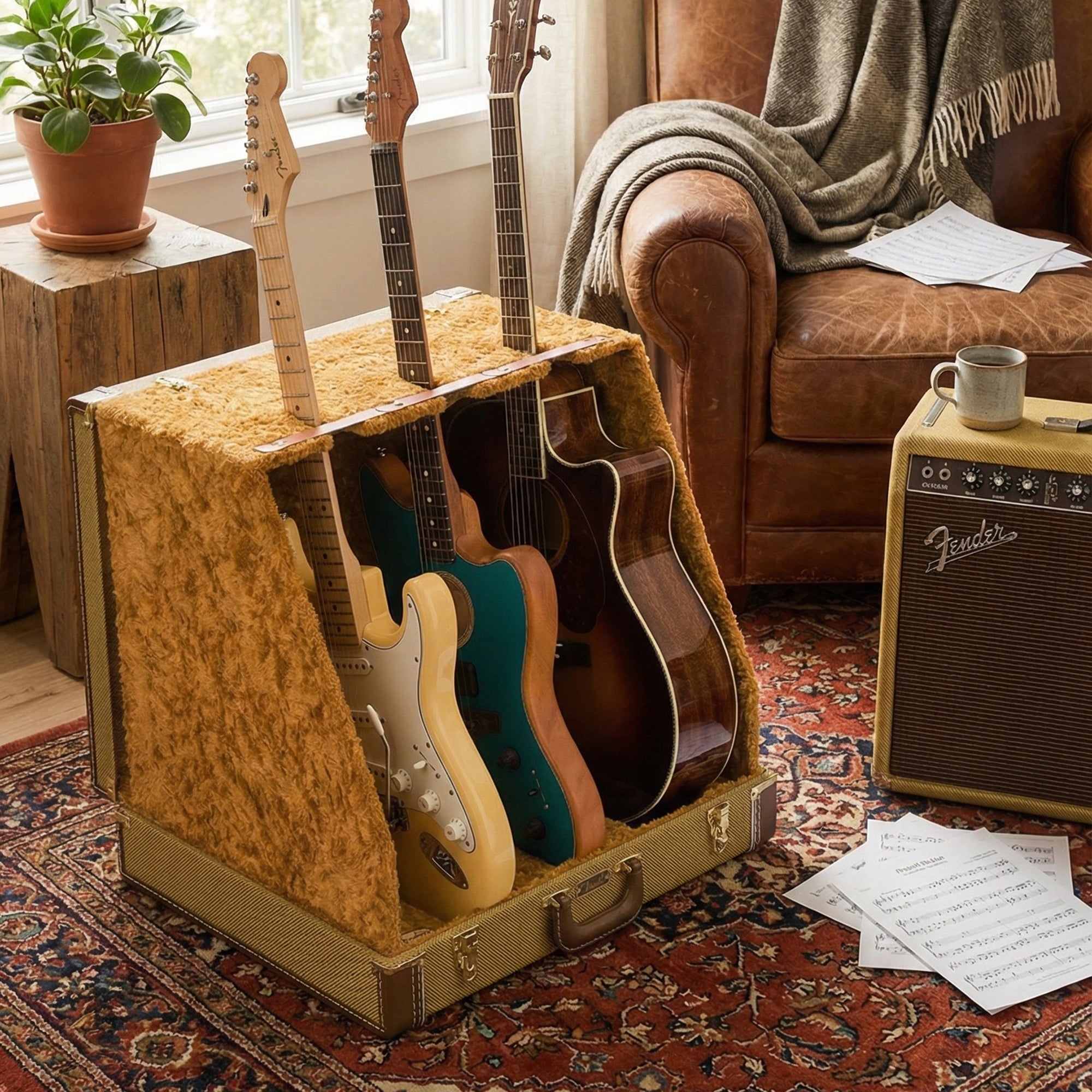 Fender Classic 3-Guitar Case Stand - Brown w/ Picks