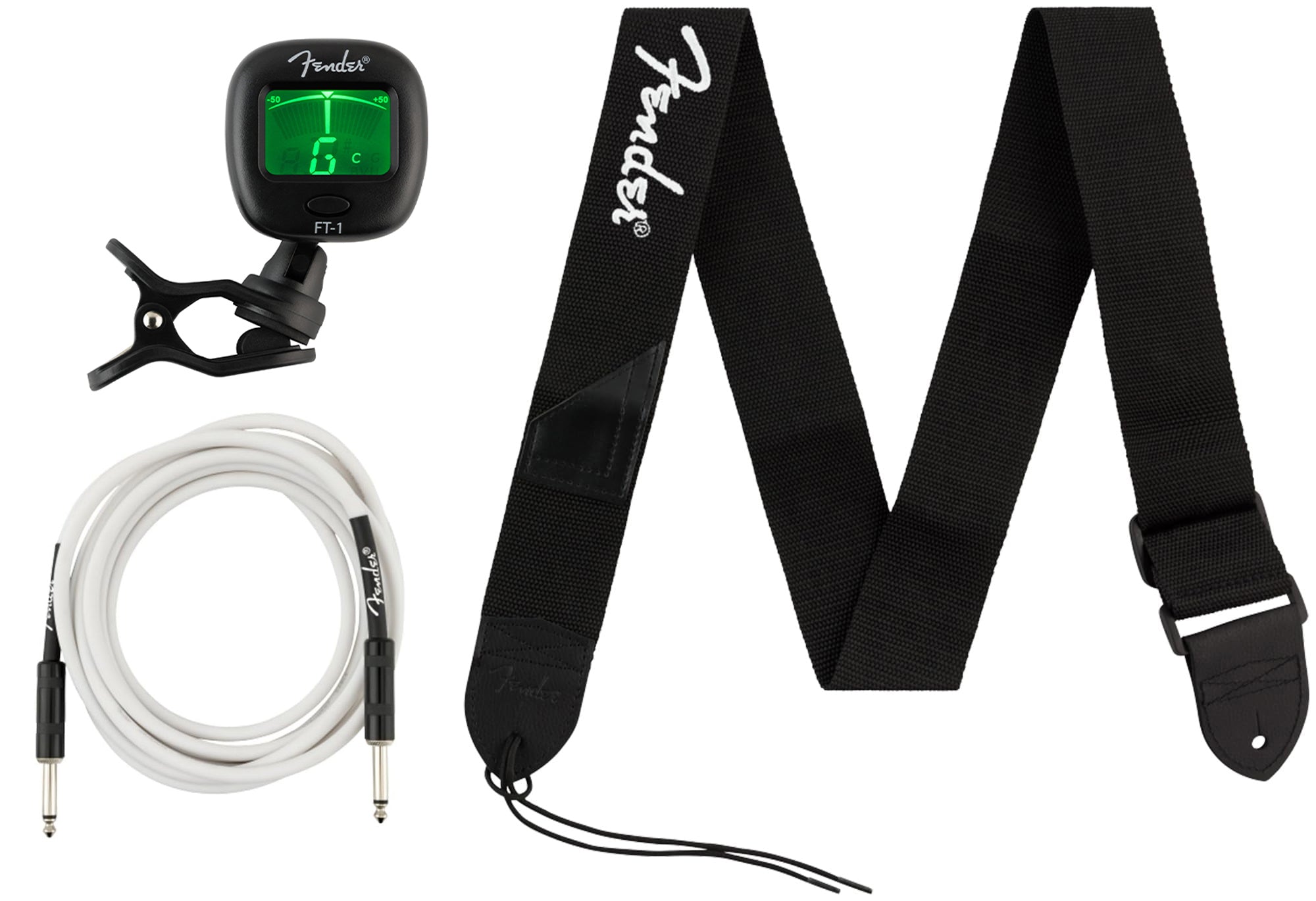 Fender Accessory Essentials Pack Bundle with Cable, Clip-On Tuner, Strap, 3-Pack Picks, and Austin Bazaar Polishing Cloth