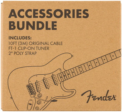 Fender Accessory Essentials Pack Bundle with Cable, Clip-On Tuner, Strap, 3-Pack Picks, and Austin Bazaar Polishing Cloth