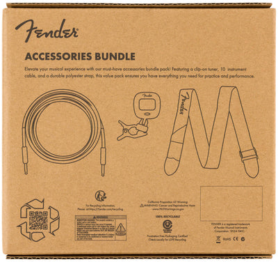 Fender Accessory Essentials Pack Bundle with Cable, Clip-On Tuner, Strap, 3-Pack Picks, and Austin Bazaar Polishing Cloth