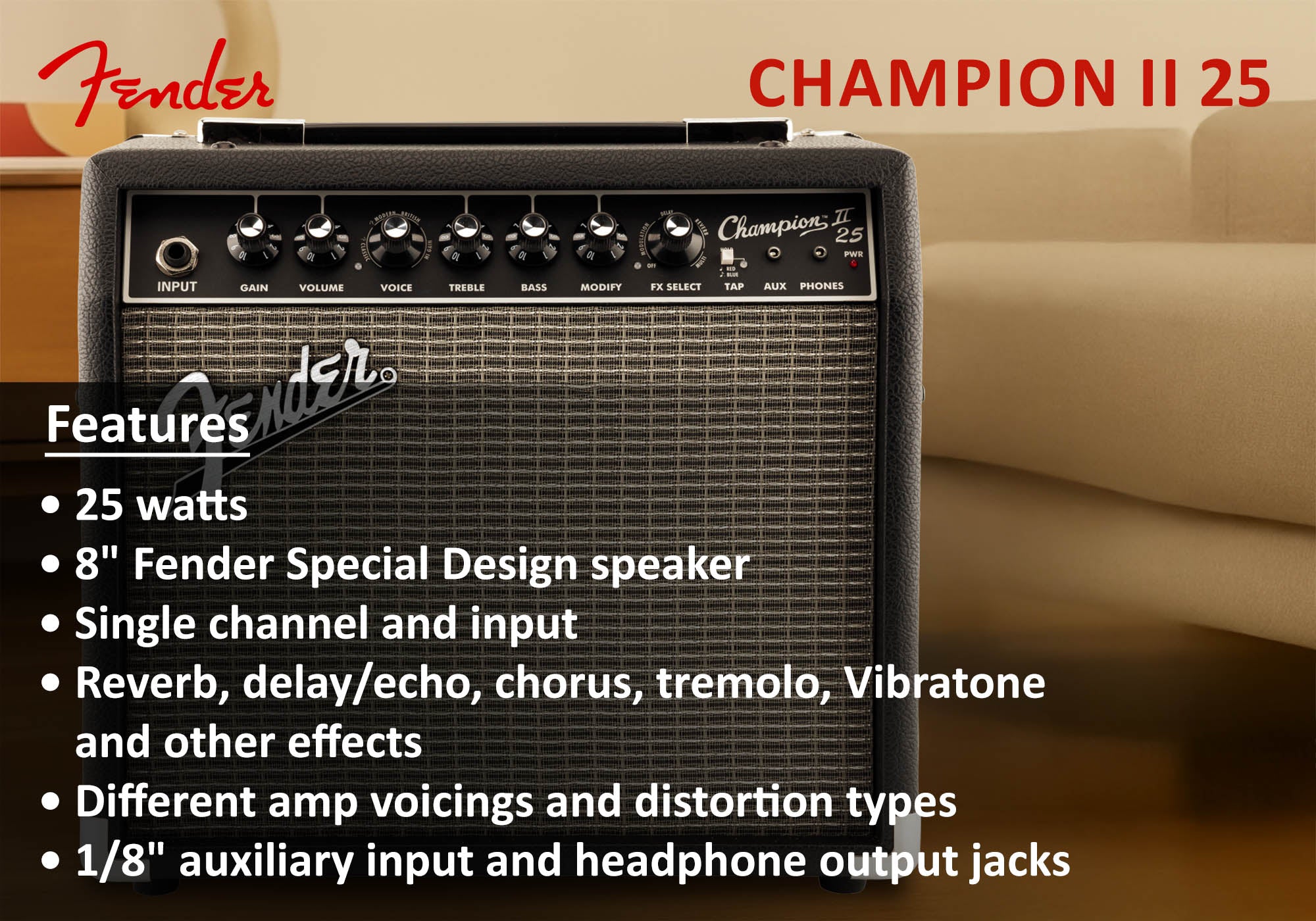 Fender Champion II 25-Watt Guitar Combo Amplifier w/ Instrument Cable