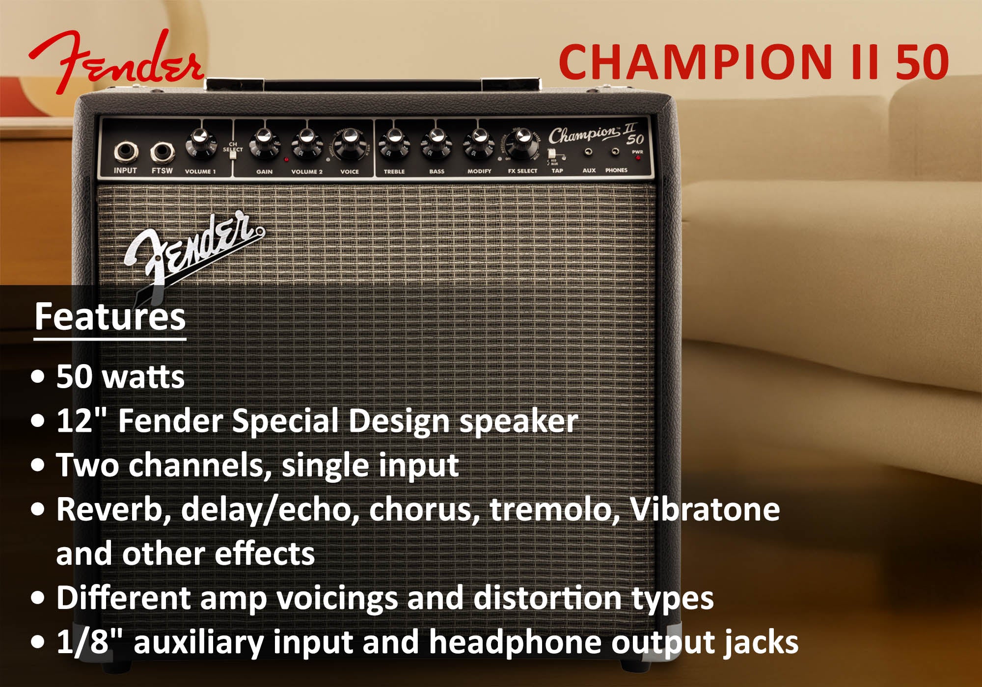 Fender Champion II 50-Watt Guitar Combo Amplifier w/ Instrument Cable