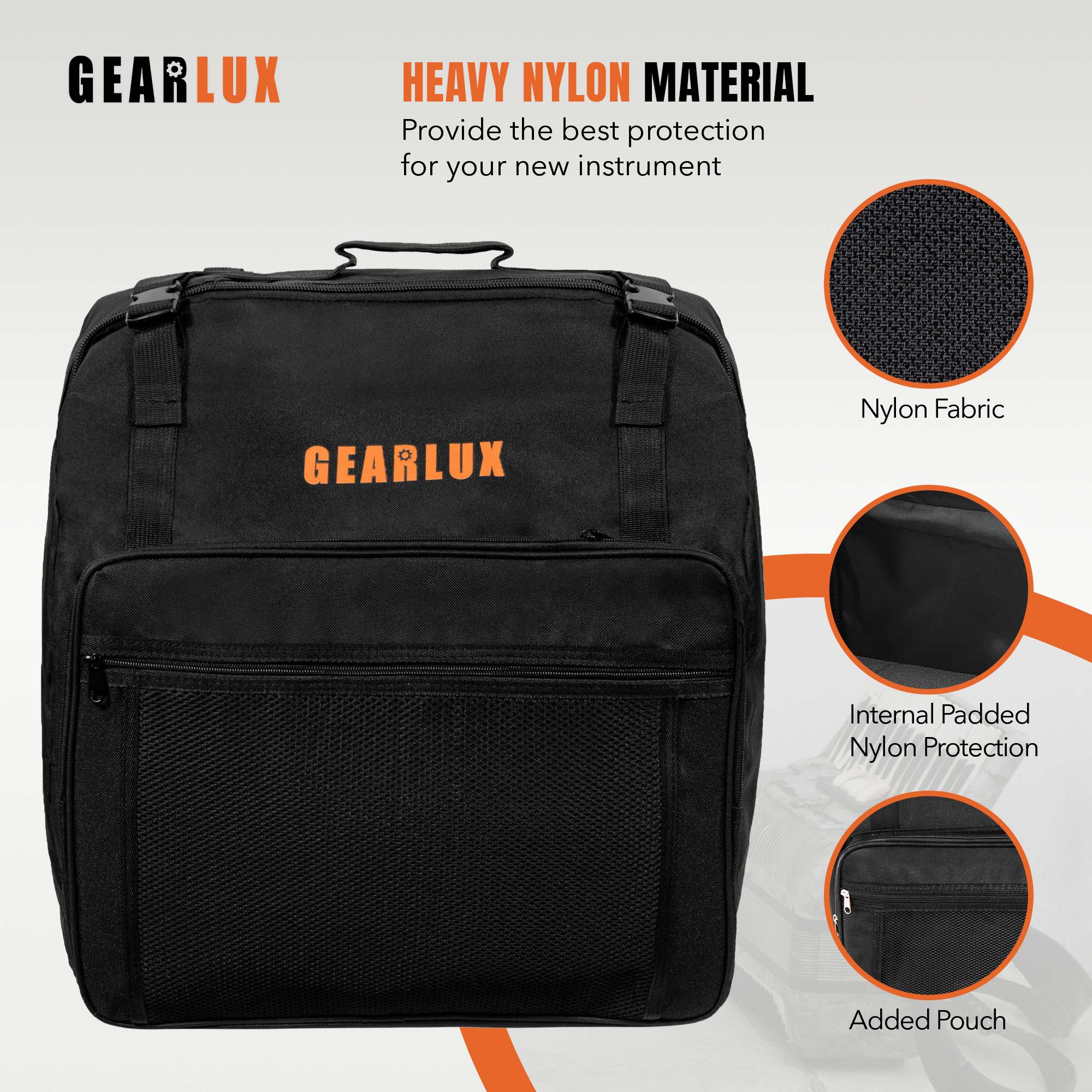 Gearlux Accordion Backpack Gig Bag with Shoulder Straps and A4-Size Pouch - Black