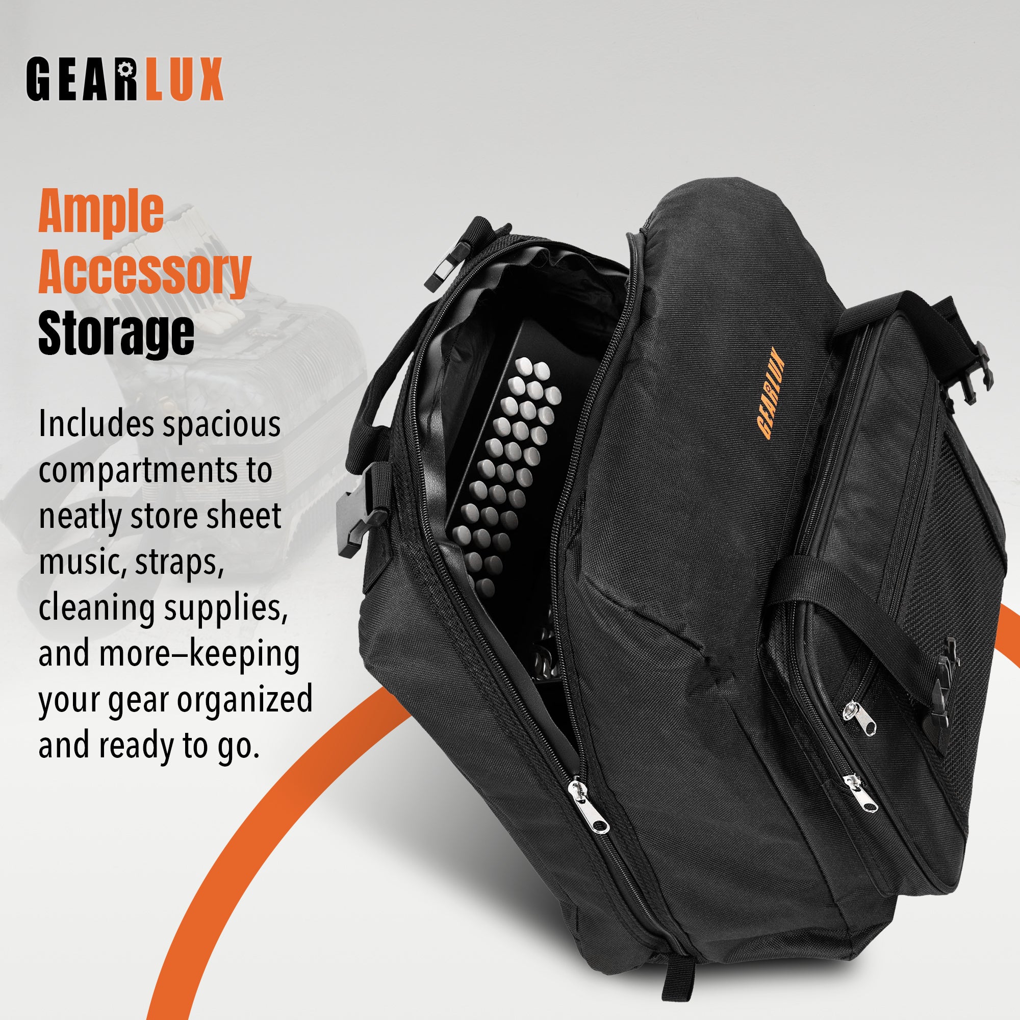 Gearlux Accordion Backpack Gig Bag with Shoulder Straps and A4-Size Pouch - Black