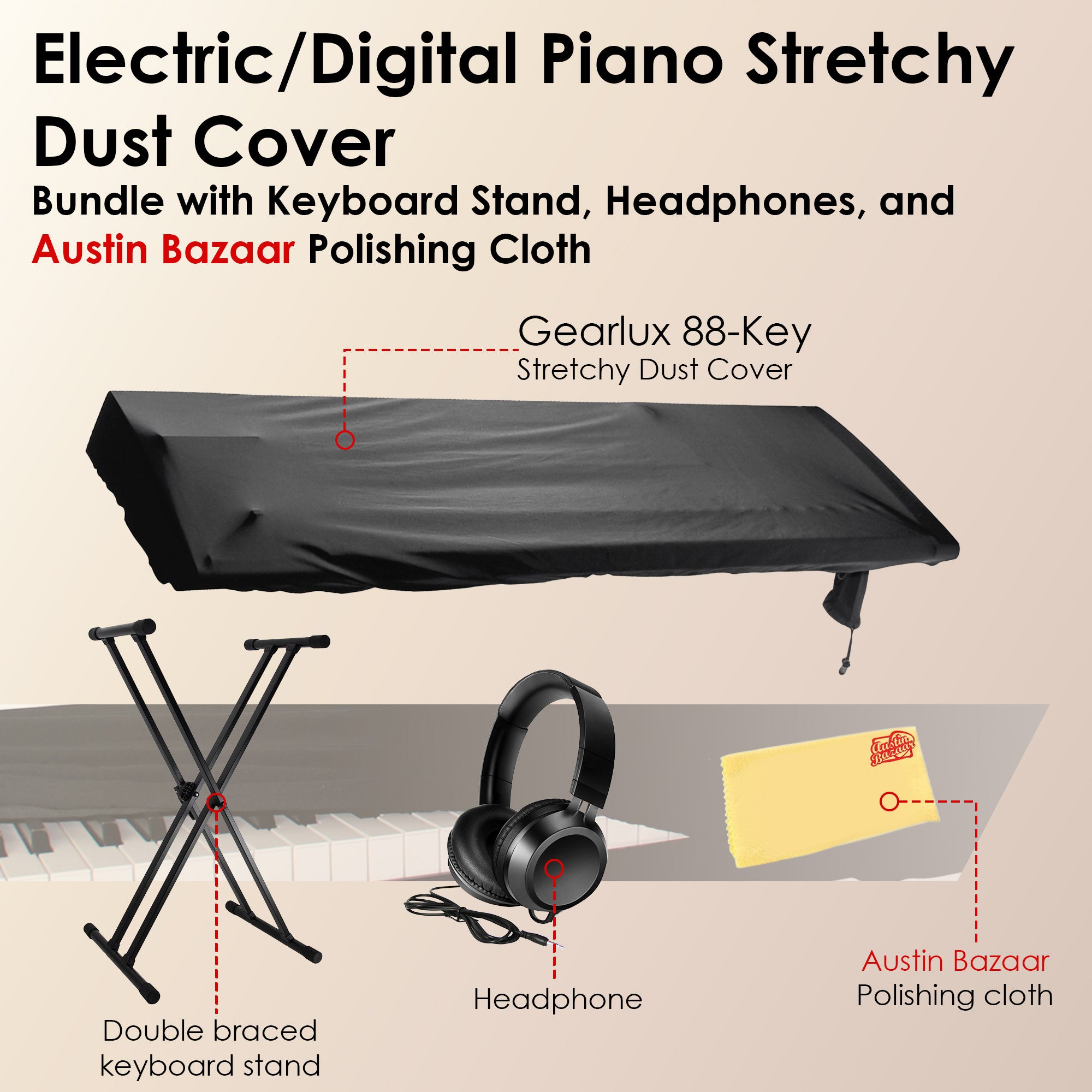 Gearlux Stretchy Keyboard Dust Cover for 88-Key Digital Pianos (60 x 22 x 8 Inches) w/ Keyboard Stand