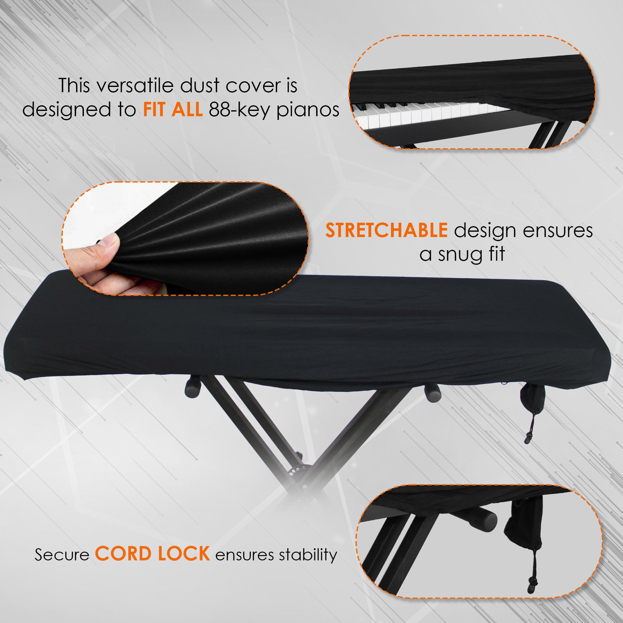 Gearlux Stretchy Keyboard Dust Cover for 88-Key Digital Pianos (60 x 22 x 8 Inches) w/ Keyboard Stand