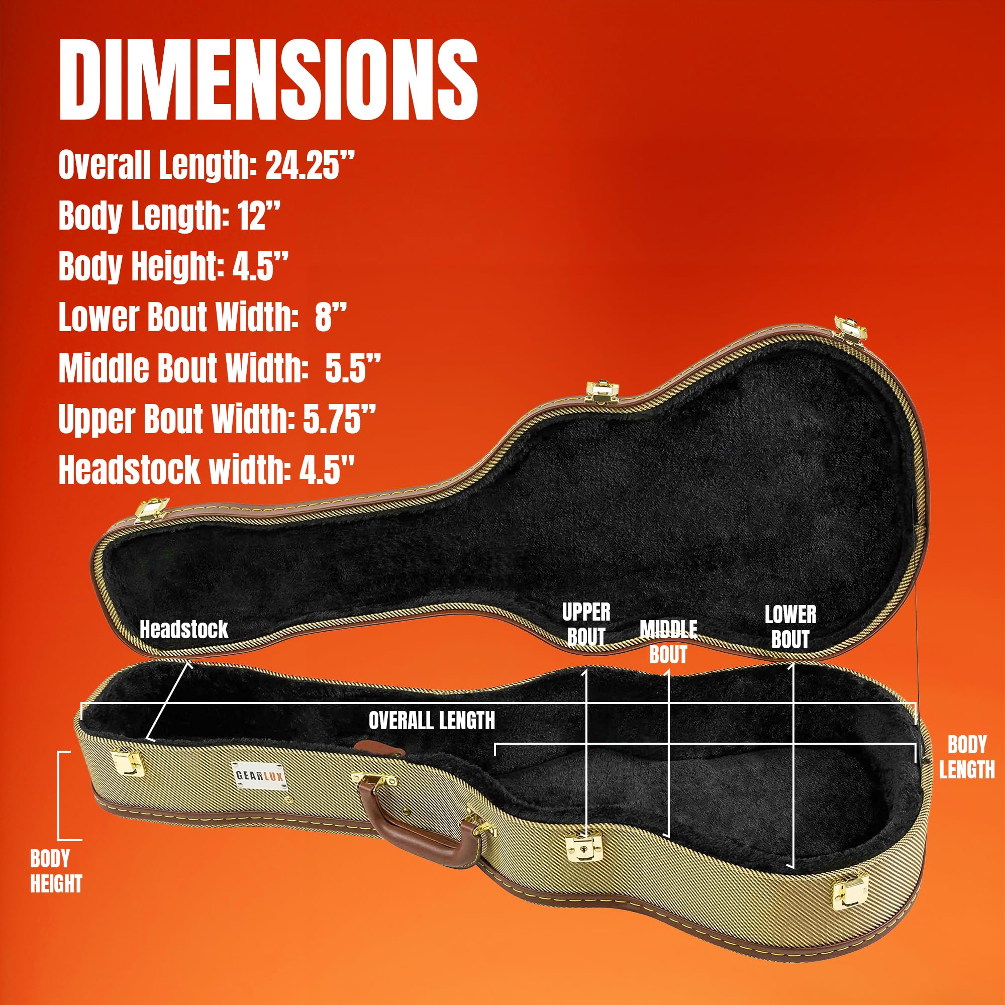 Gearlux Concert Ukulele Hard Case - Gold Tweed (24.25-Inch Length)