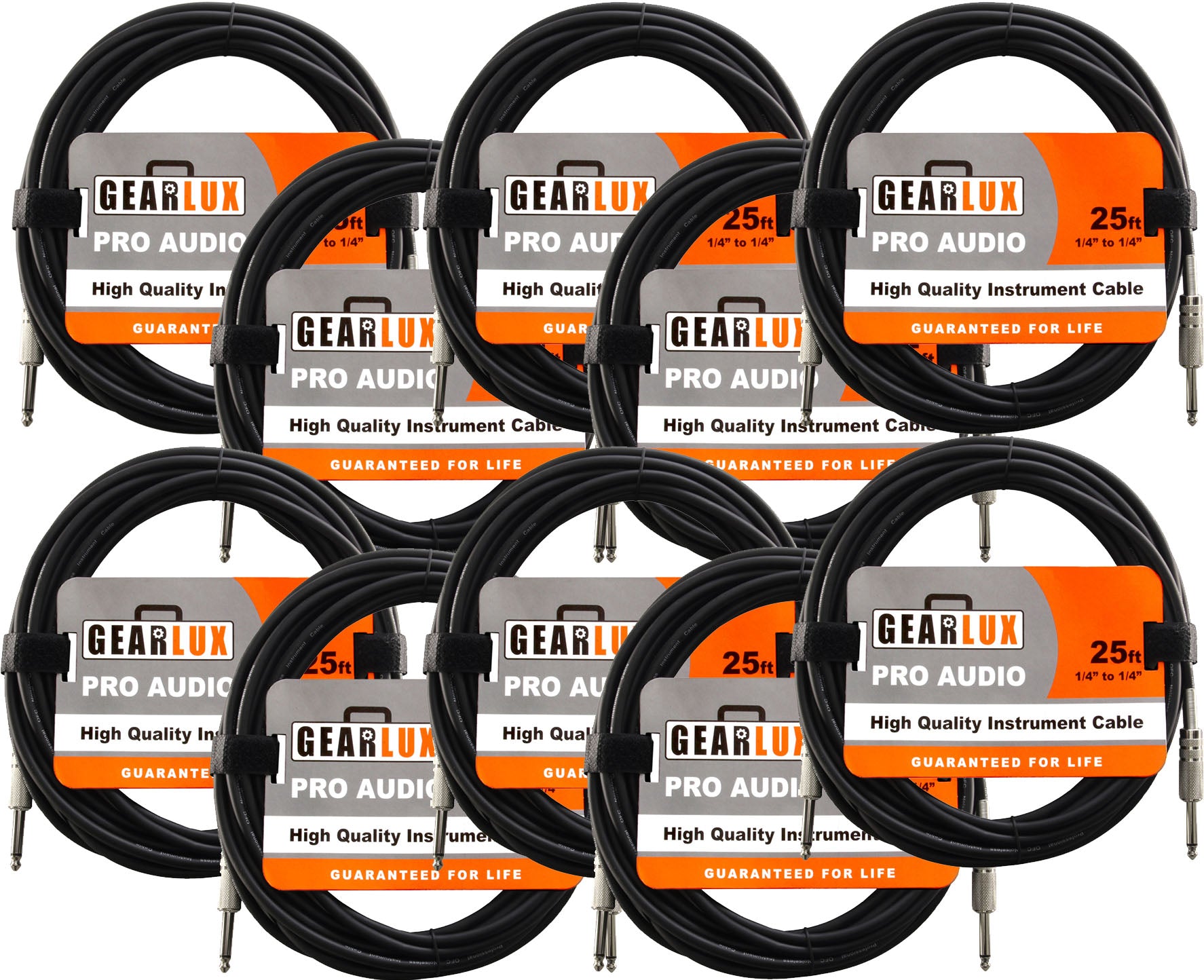 Gearlux Instrument Cable, 1/4 Inch, Straight-Straight, Black, 25 Foot - 10 Pack