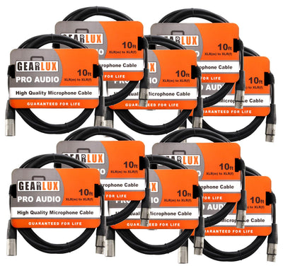 Gearlux 10-Foot XLR Microphone Cable, Fully Balanced, Male to Female, Black - 10 Pack