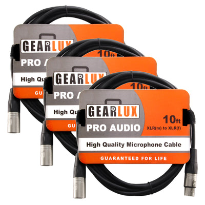 Gearlux 10-Foot XLR Microphone Cable, Fully Balanced, Male to Female, Black - 3 Pack