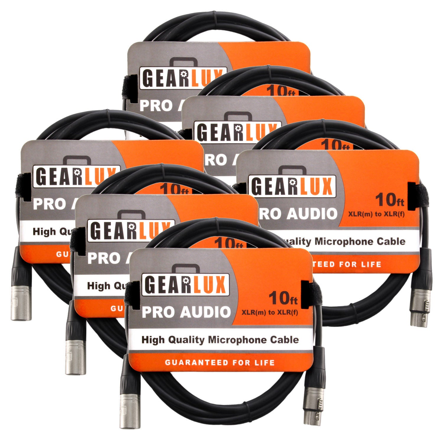 Gearlux 10-Foot XLR Microphone Cable, Fully Balanced, Male to Female, Black - 6 Pack