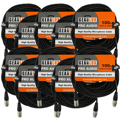 Gearlux 100-Foot XLR Microphone Cable, Fully Balanced, Male to Female, Black - 10 Pack