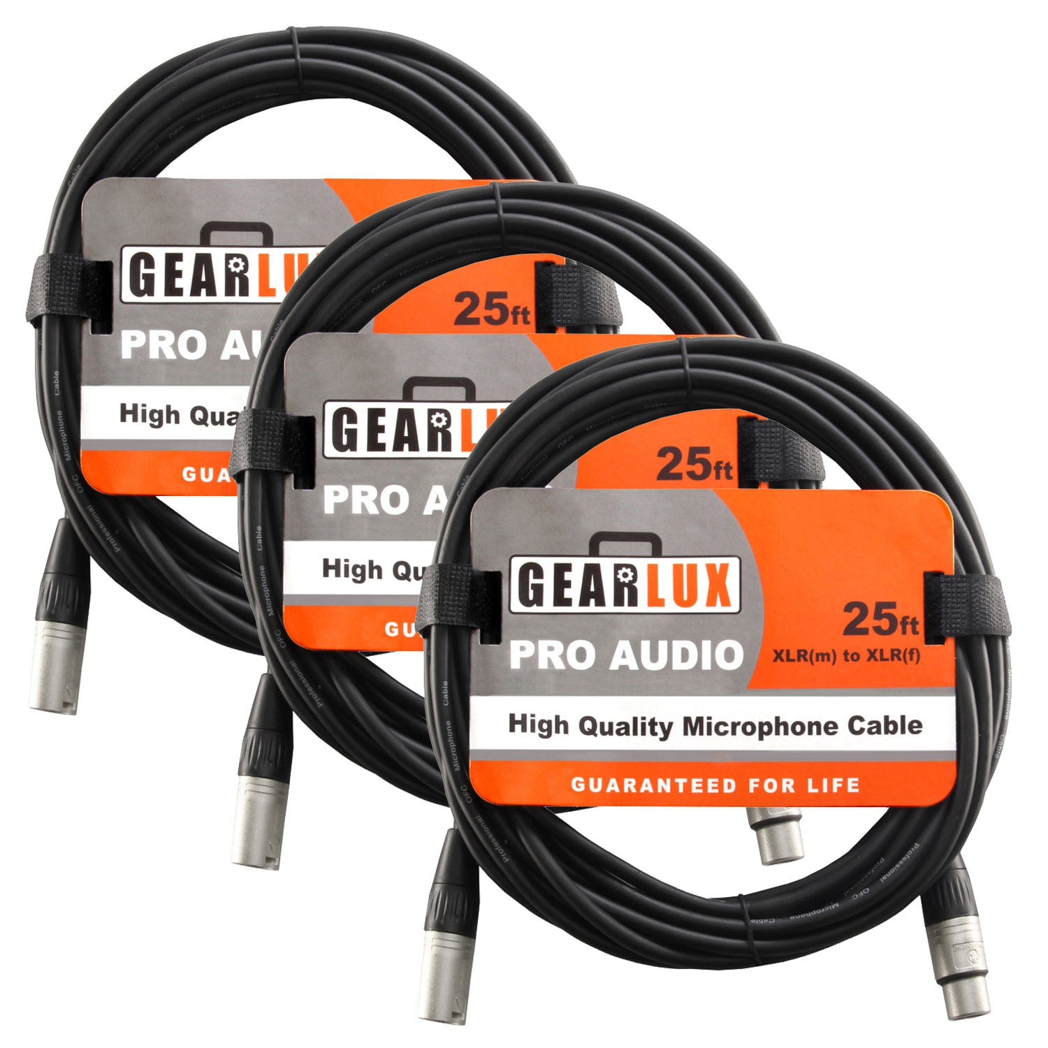 Gearlux 25-Foot XLR Microphone Cable, Fully Balanced, Male to Female, Black - 3 Pack