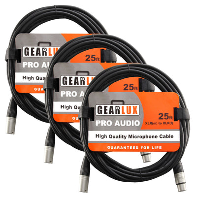 Gearlux 25-Foot XLR Microphone Cable, Fully Balanced, Male to Female, Black - 3 Pack